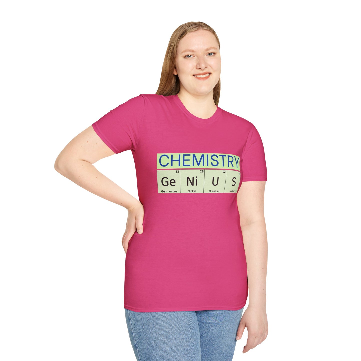 a woman wearing a heliconia pink shirt that says chemistry and genius written with periodic table element abbreviations