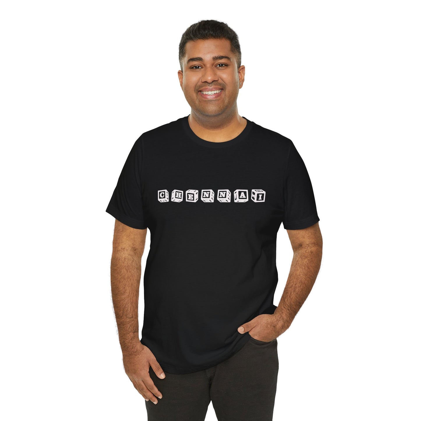 a man wearing a black shirt that says chennai