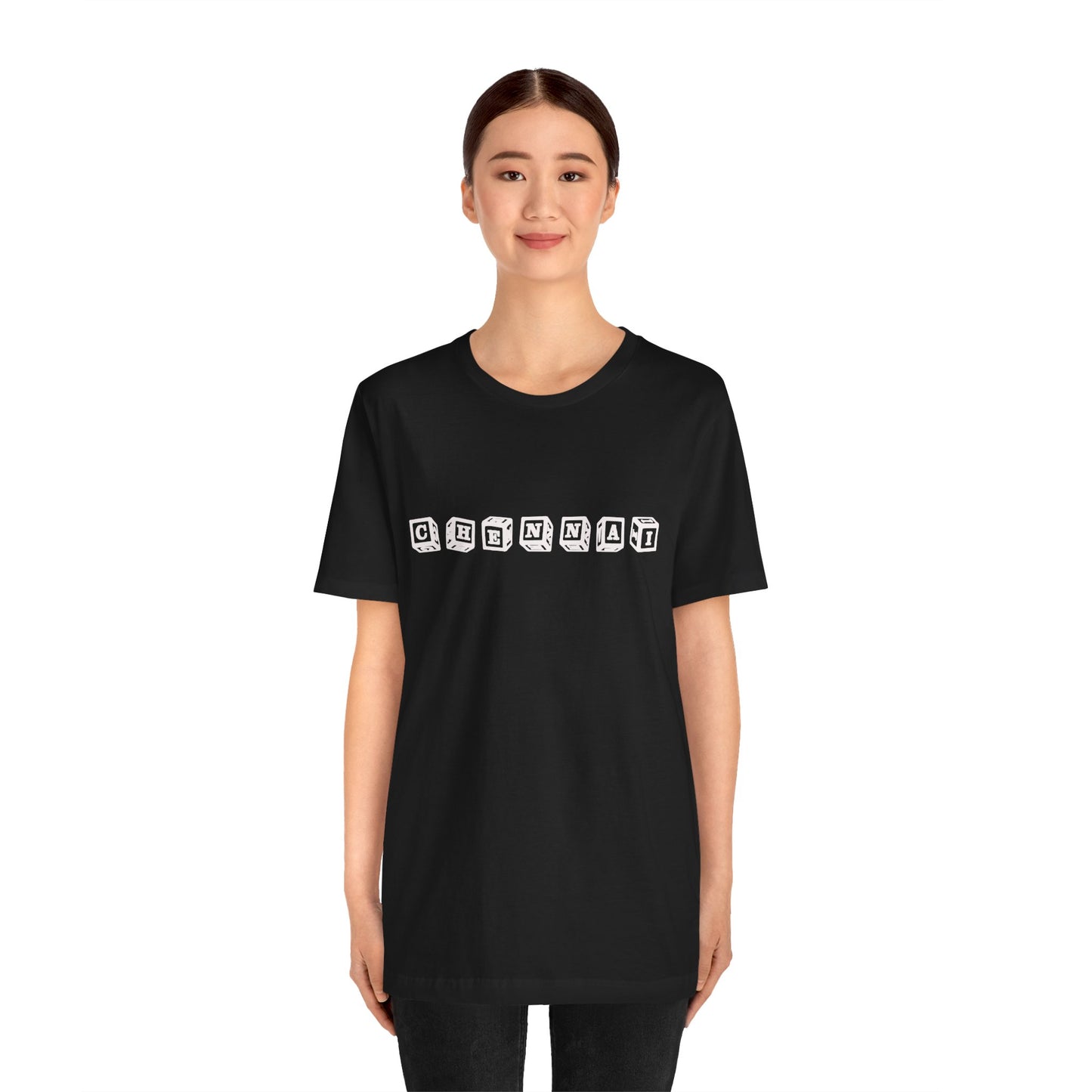 a woman wearing a black shirt that says chennai