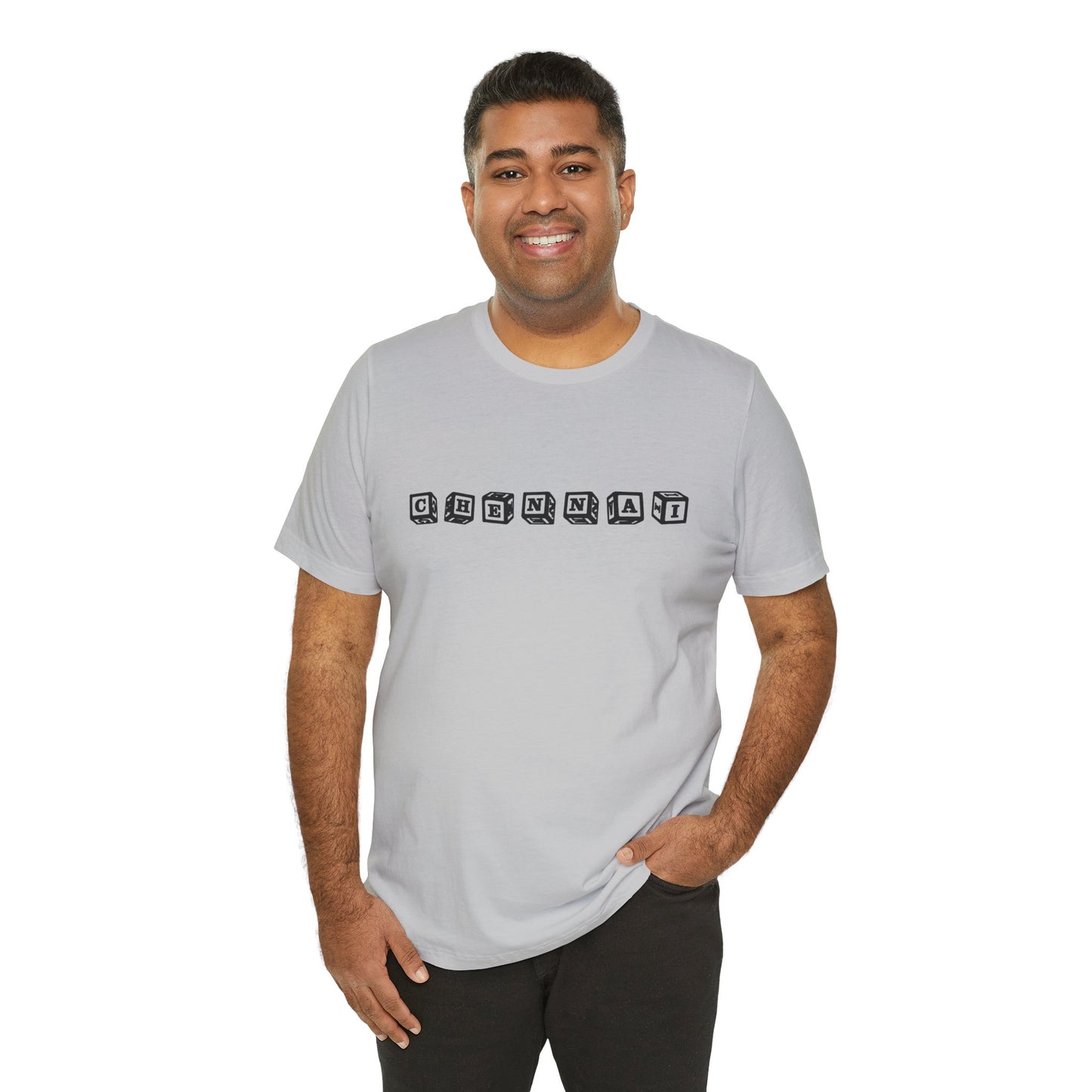 a man wearing a solid athletic grey shirt that says chennai