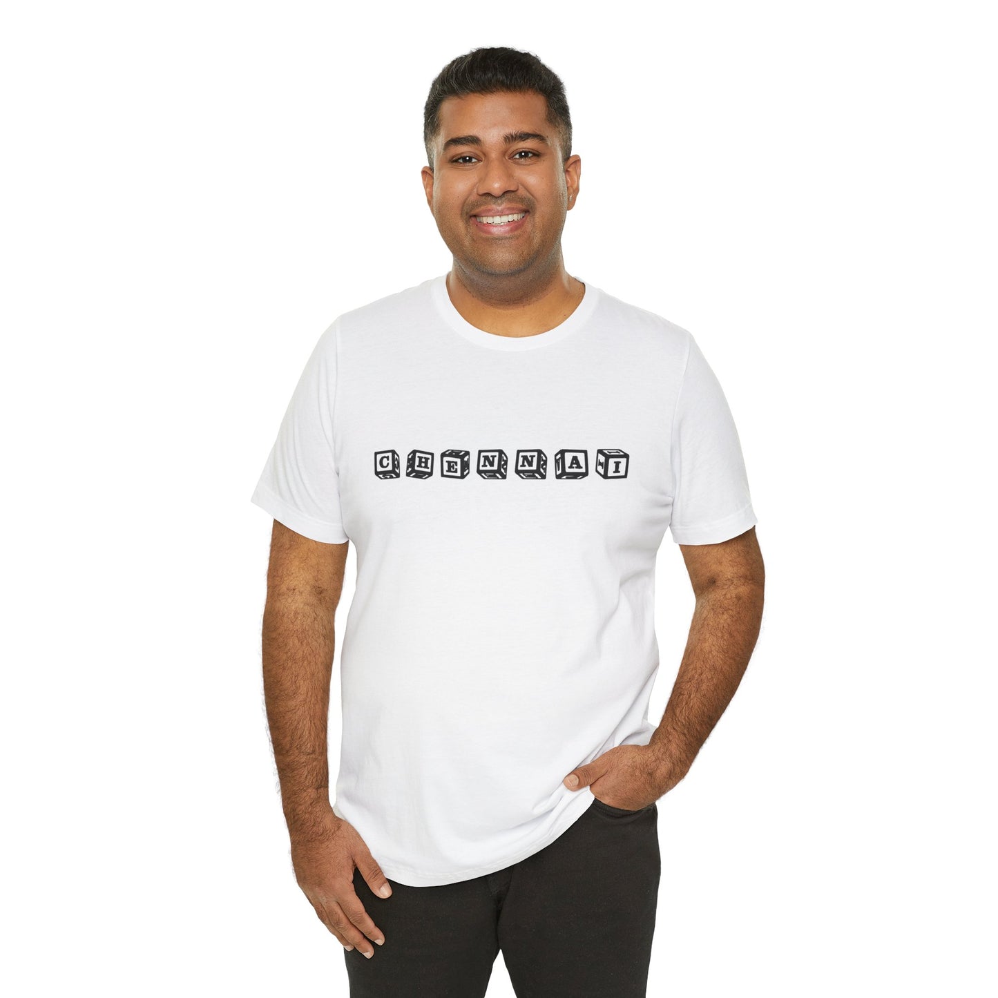 a man wearing a white shirt that says chennai