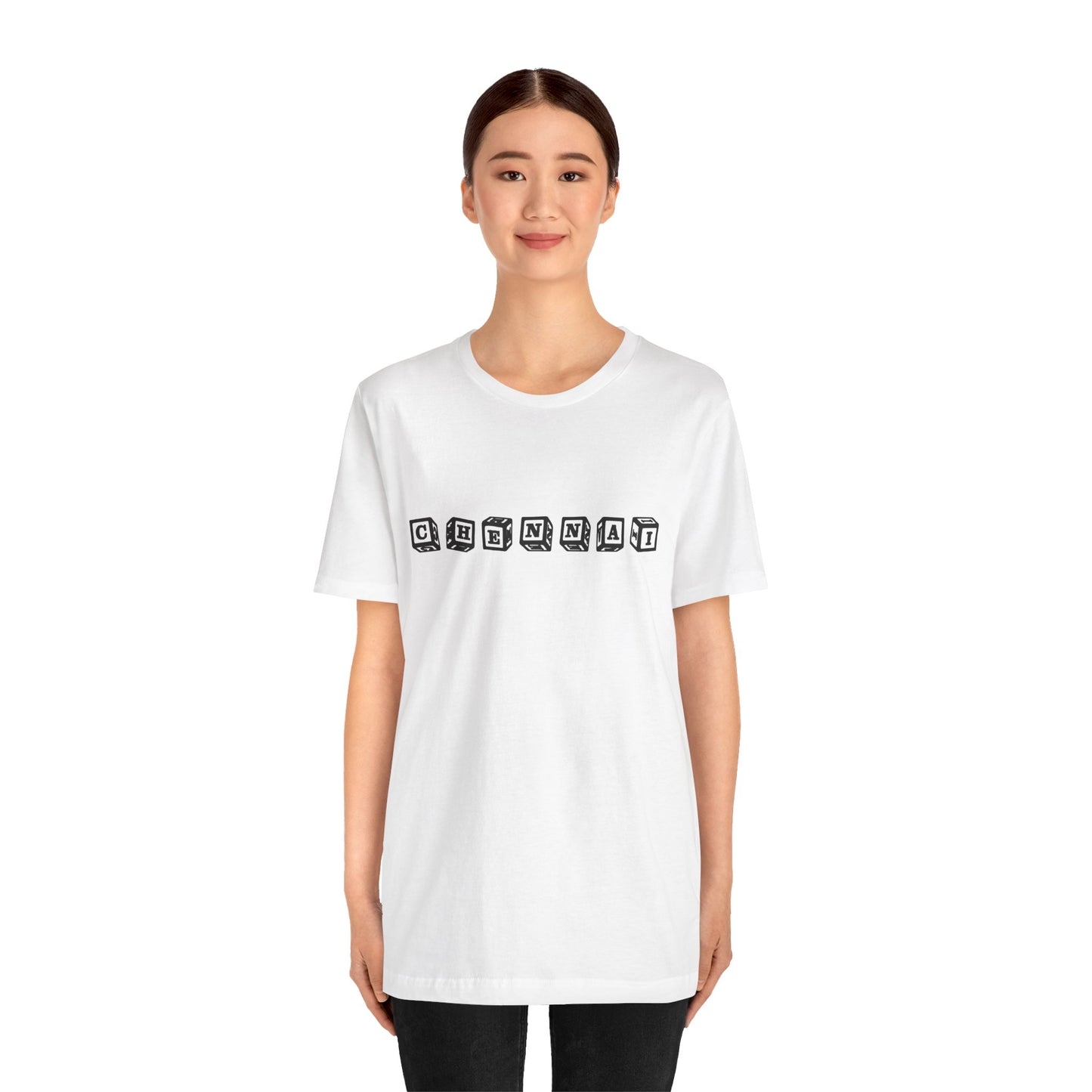 a woman wearing a white shirt that says chennai