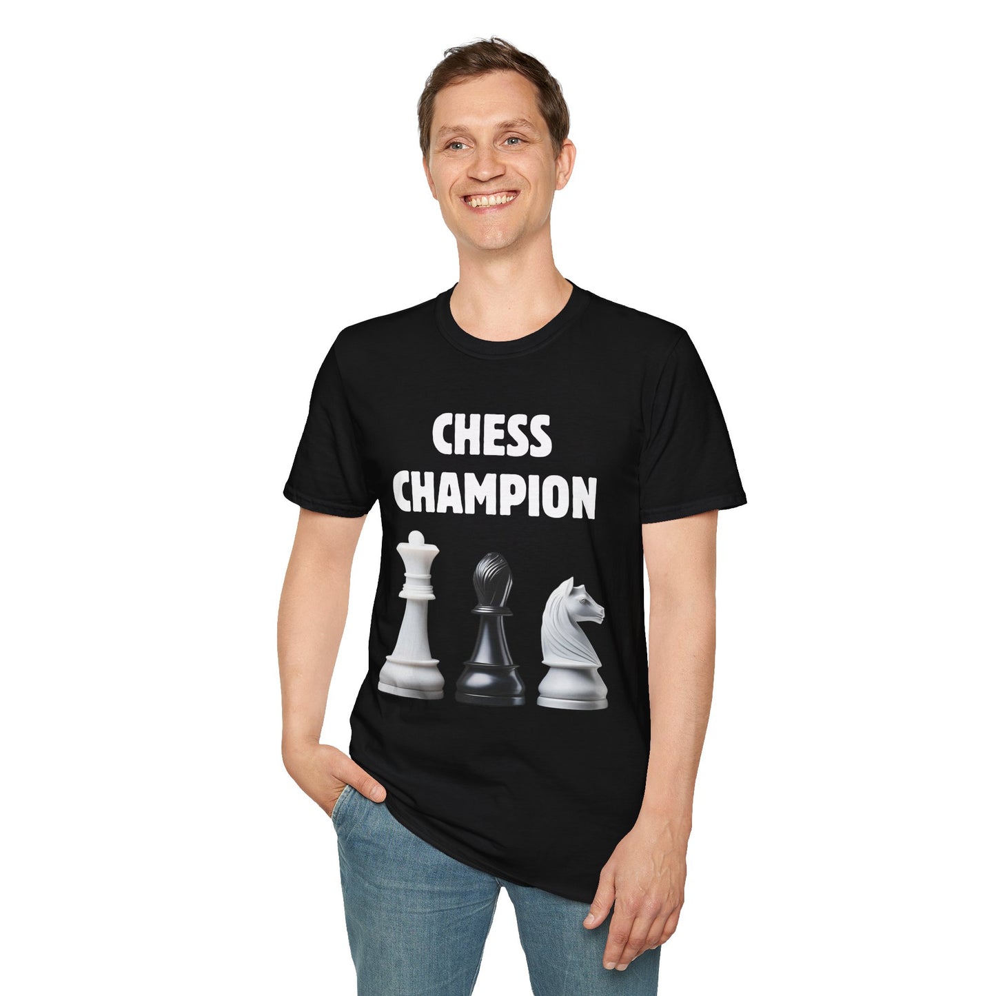 a man wearing a black shirt that says chess champion with a graphic of a Queen piece next to a Bishop piece next to a Knight piece