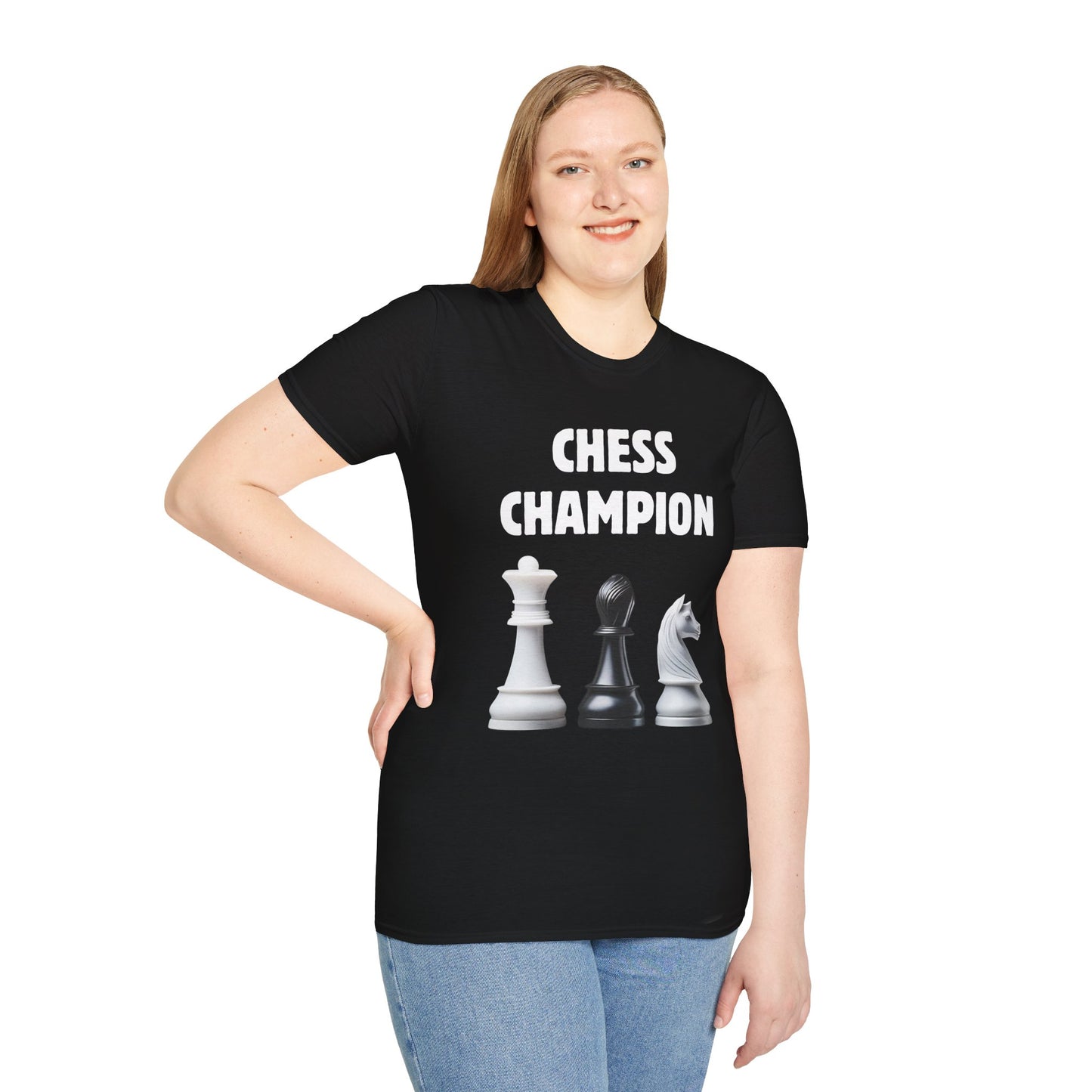 a woman wearing a black shirt that says chess champion with a graphic of a Queen piece next to a Bishop piece next to a Knight piece