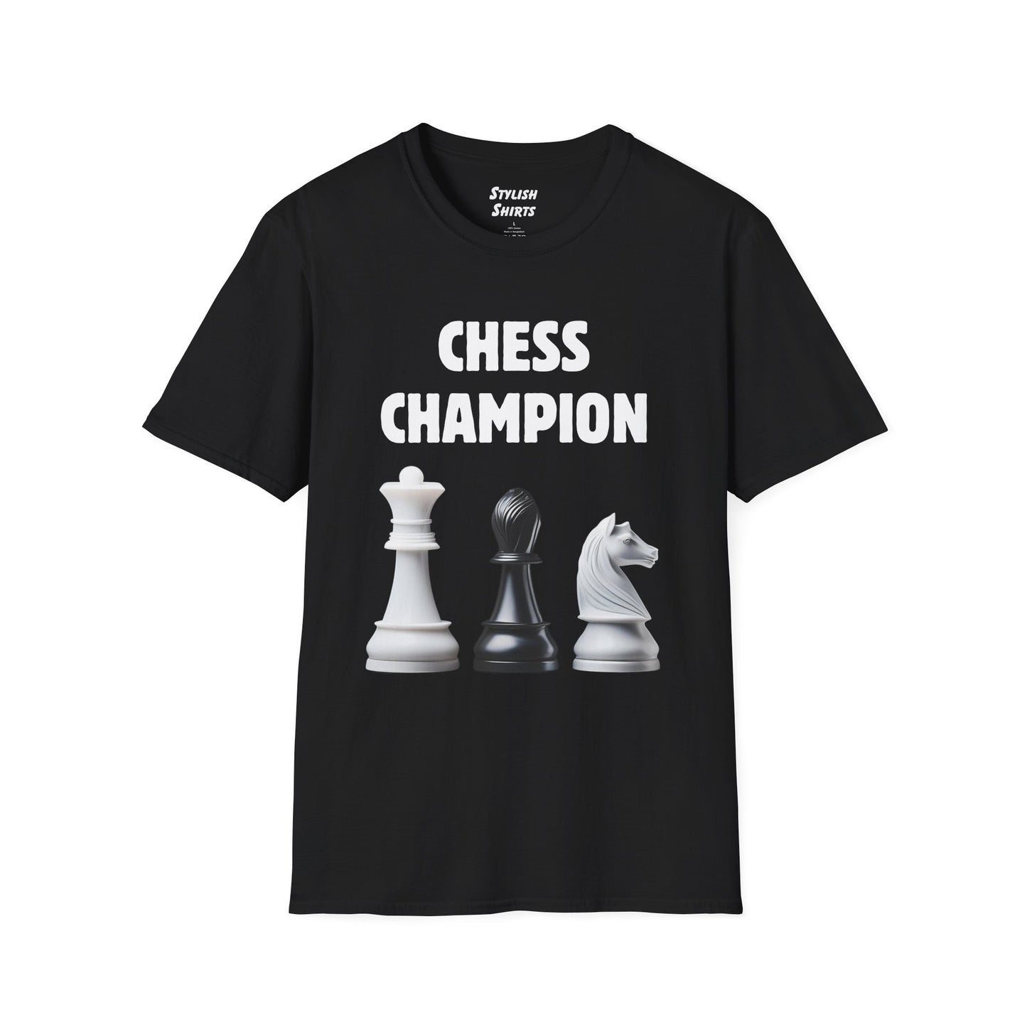 a black shirt that says chess champion with a graphic of a Queen piece next to a Bishop piece next to a Knight piece