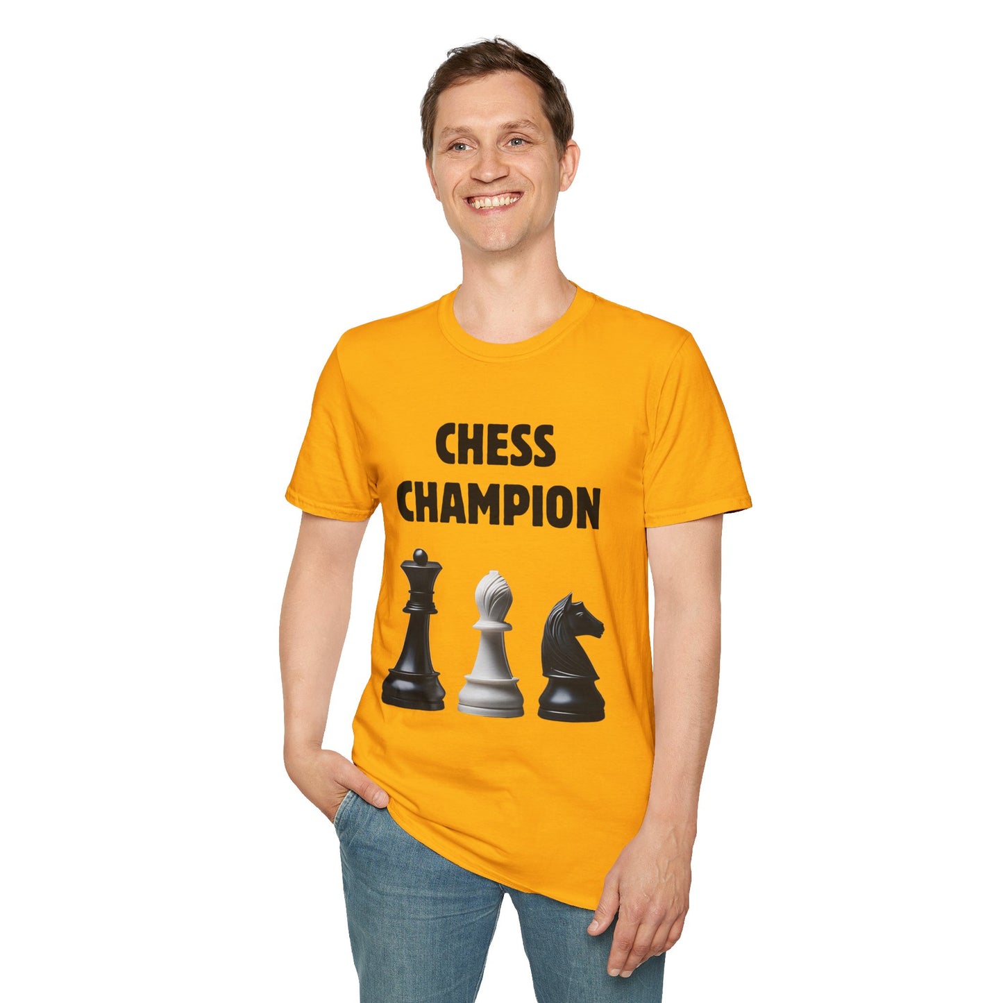 a man wearing a gold shirt that says chess champion with a graphic of a Queen piece next to a Bishop piece next to a Knight piece