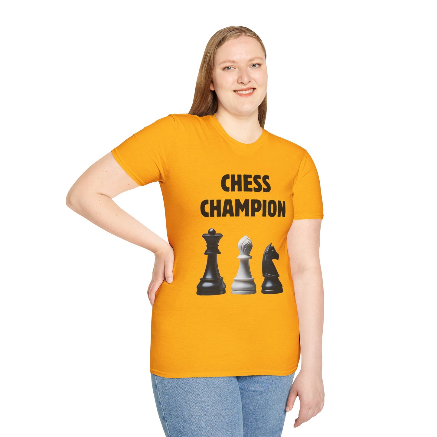 a woman wearing a gold shirt that says chess champion with a graphic of a Queen piece next to a Bishop piece next to a Knight piece