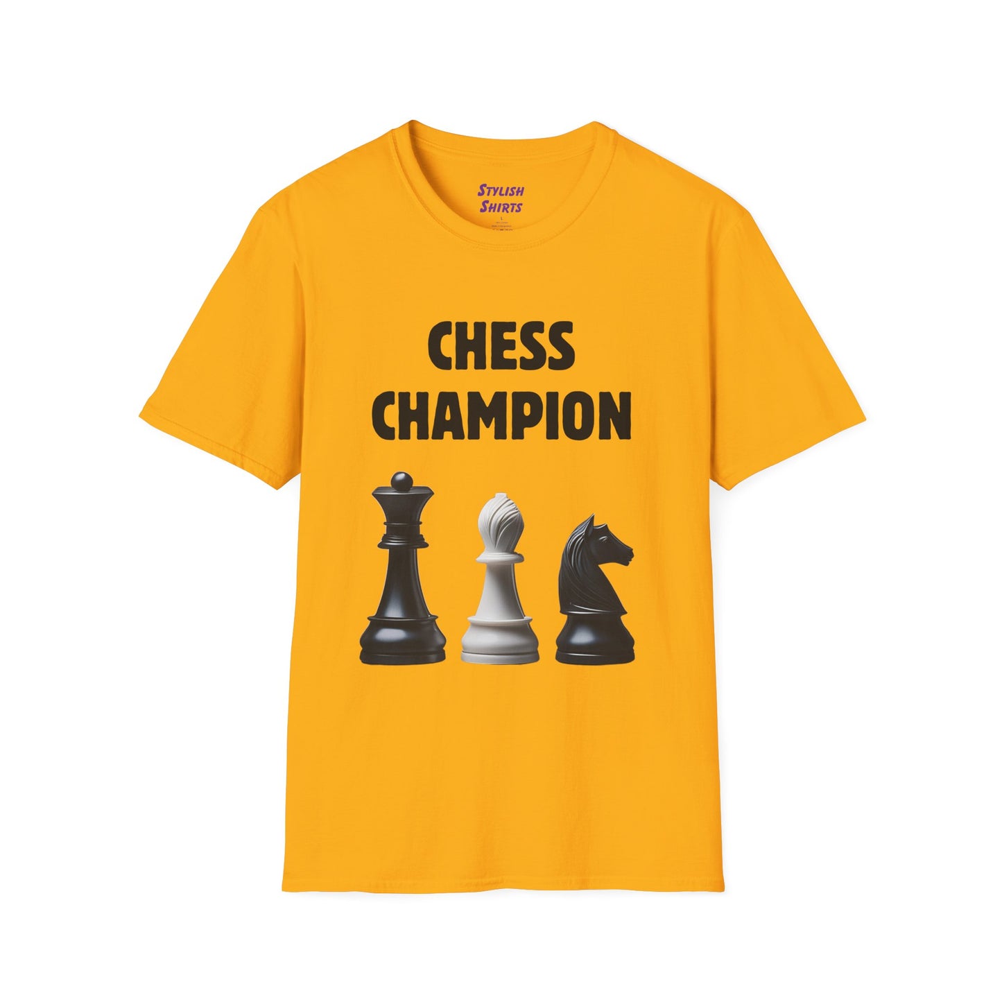 a gold shirt that says chess champion with a graphic of a Queen piece next to a Bishop piece next to a Knight piece