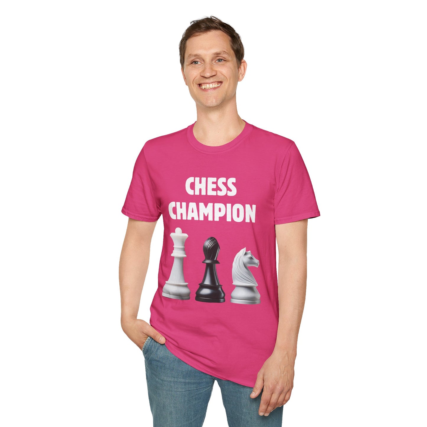 a man wearing a heliconia pink shirt that says chess champion with a graphic of a Queen piece next to a Bishop piece next to a Knight piece