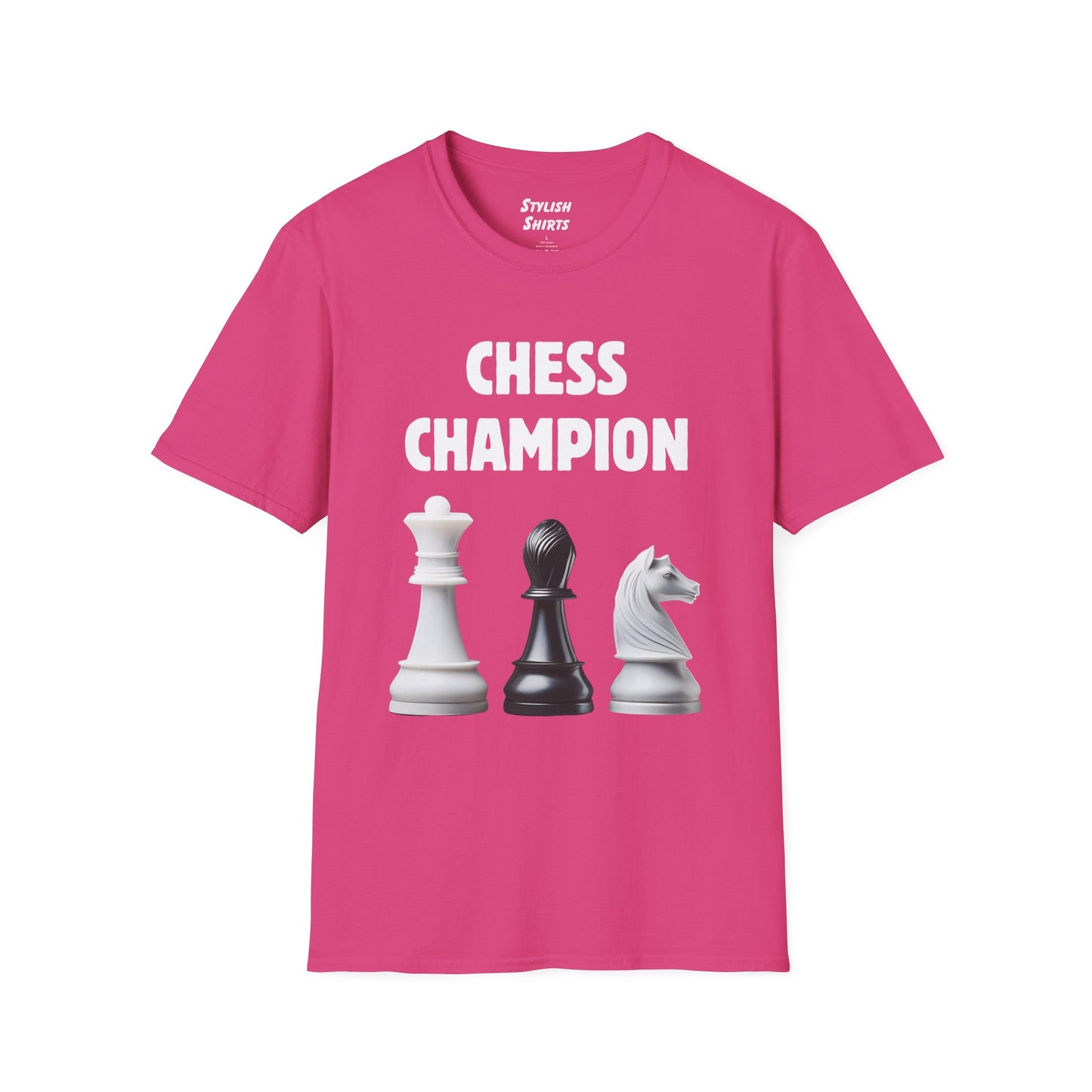 a heliconia pink shirt that says chess champion with a graphic of a Queen piece next to a Bishop piece next to a Knight piece