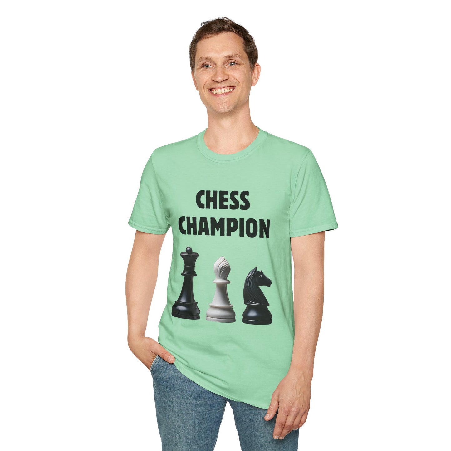 a man wearing a mint green shirt that says chess champion with a graphic of a Queen piece next to a Bishop piece next to a Knight piece