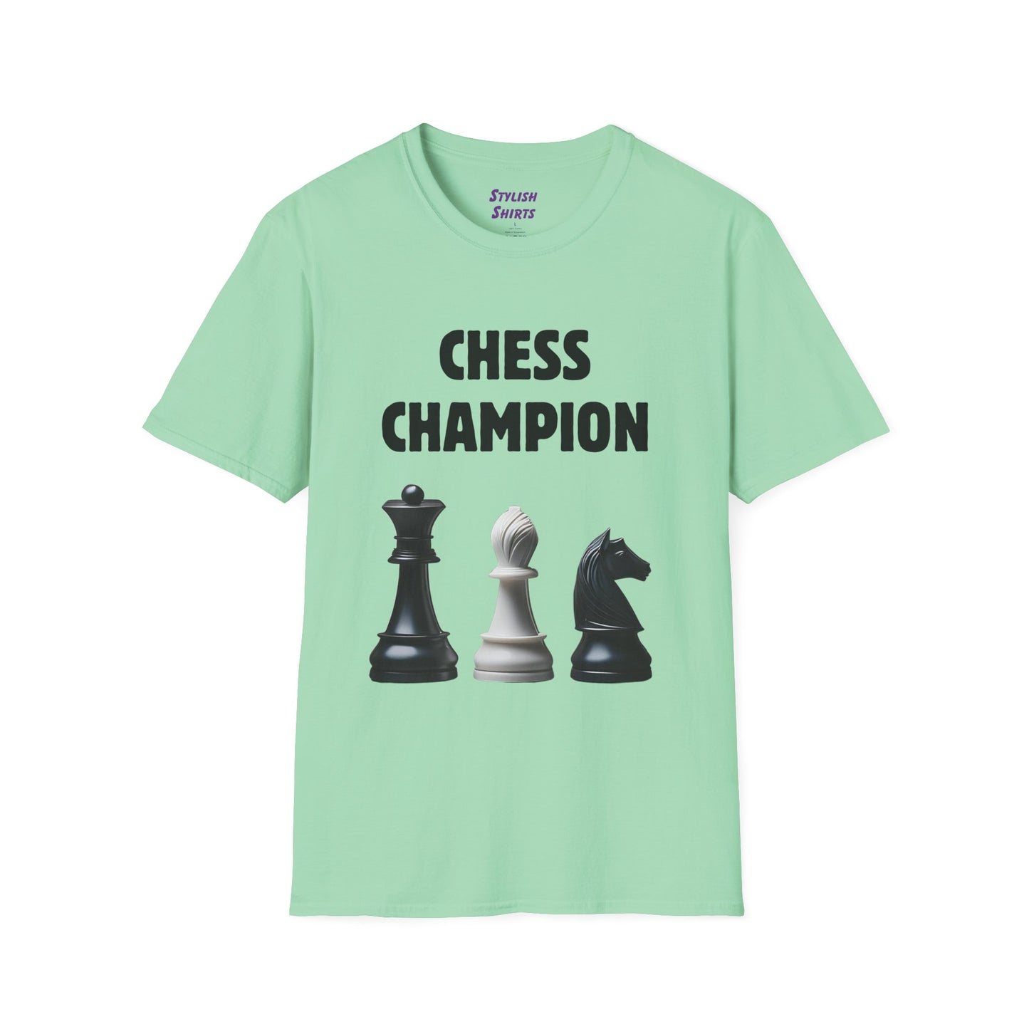 a mint green shirt that says chess champion with a graphic of a Queen piece next to a Bishop piece next to a Knight piece