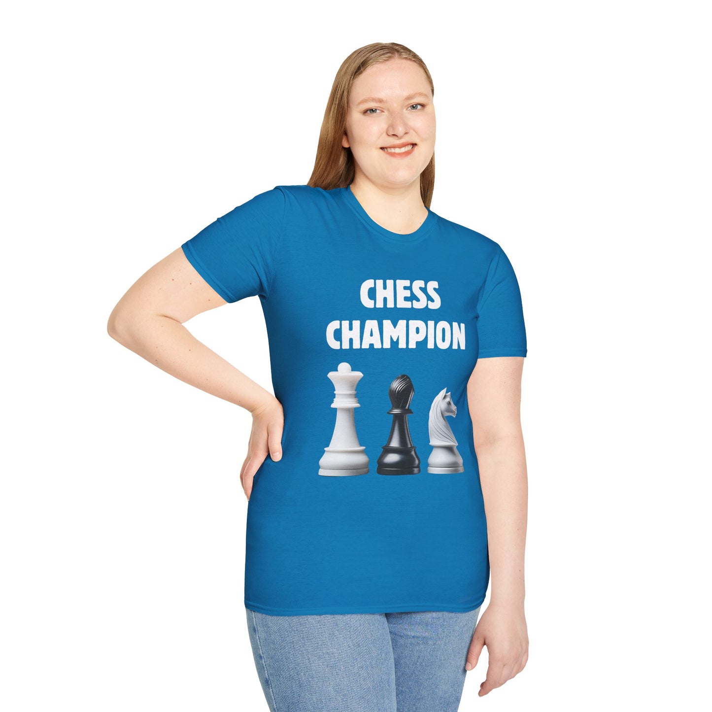 a woman wearing a sapphire blue shirt that says chess champion with a graphic of a Queen piece next to a Bishop piece next to a Knight piece