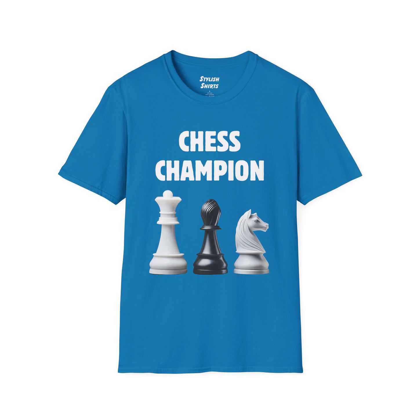 a sapphire blue shirt that says chess champion with a graphic of a Queen piece next to a Bishop piece next to a Knight piece