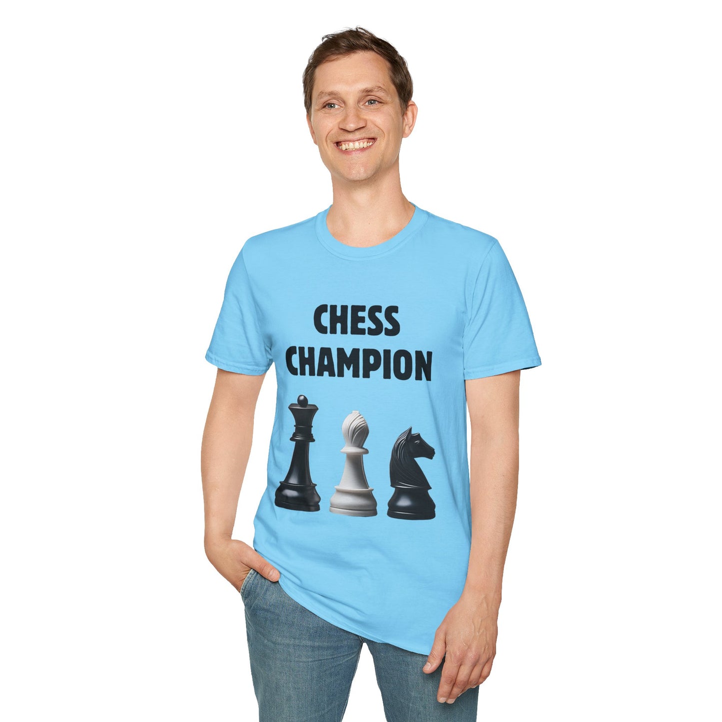 a man wearing a sky blue shirt that says chess champion with a graphic of a Queen piece next to a Bishop piece next to a Knight piece