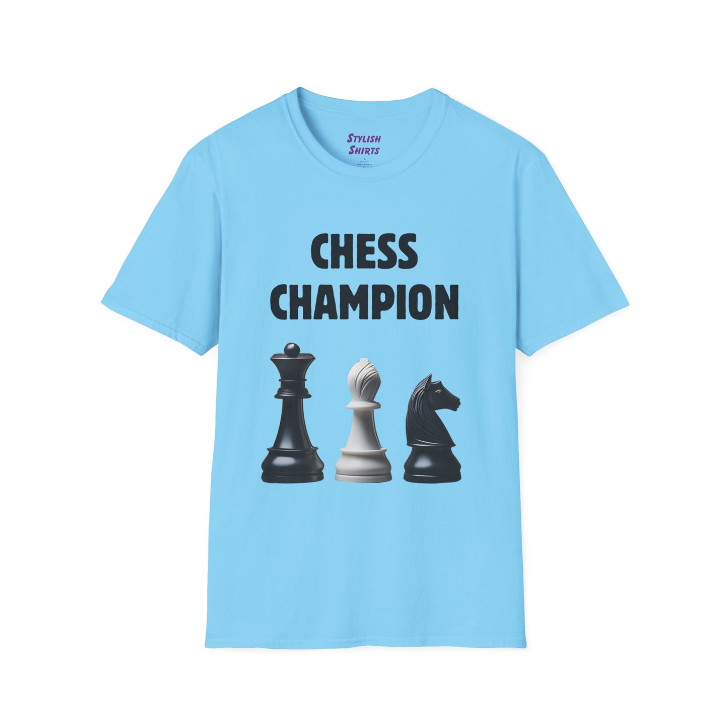 a sky blue shirt that says chess champion with a graphic of a Queen piece next to a Bishop piece next to a Knight piece
