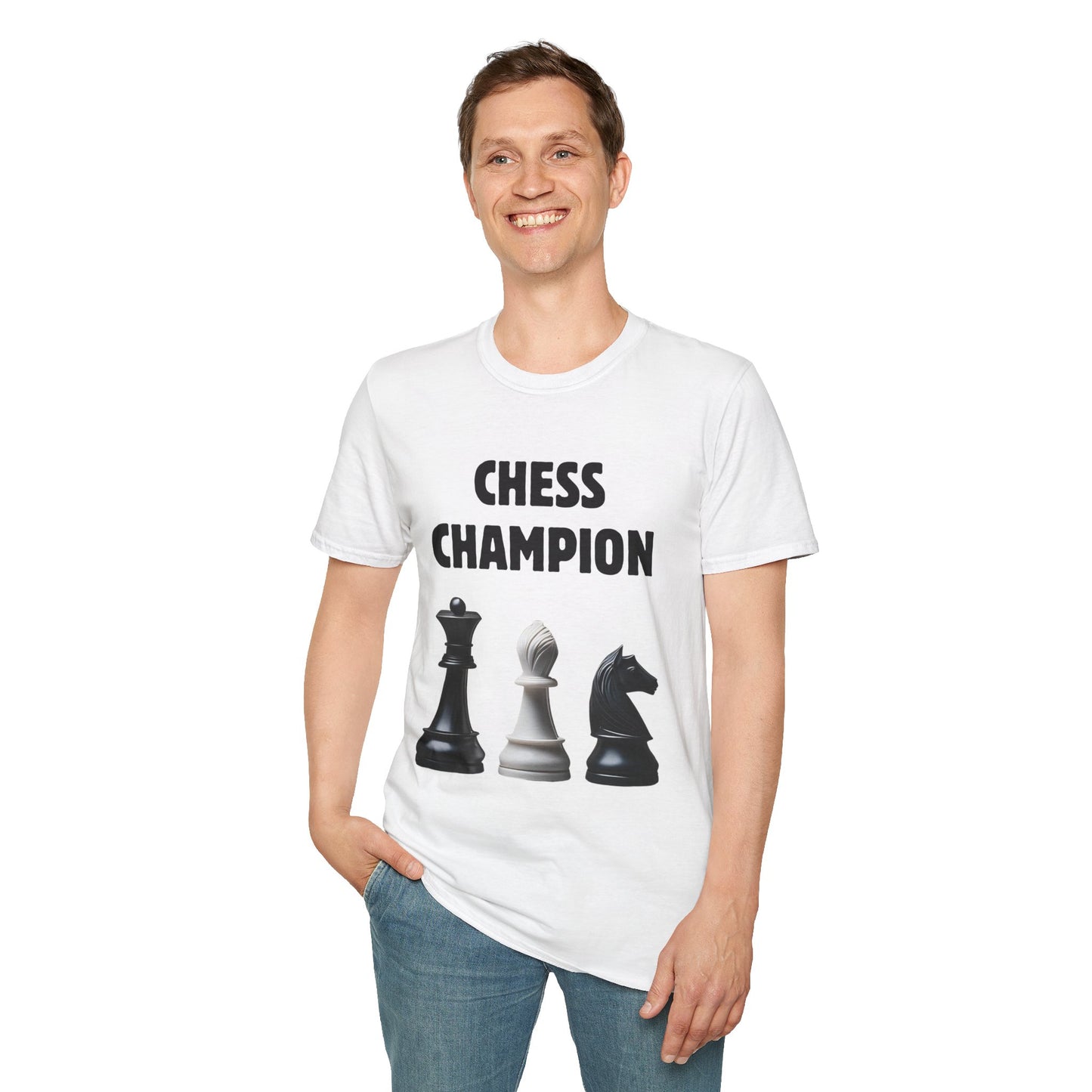 a man wearing a white shirt that says chess champion with a graphic of a Queen piece next to a Bishop piece next to a Knight piece