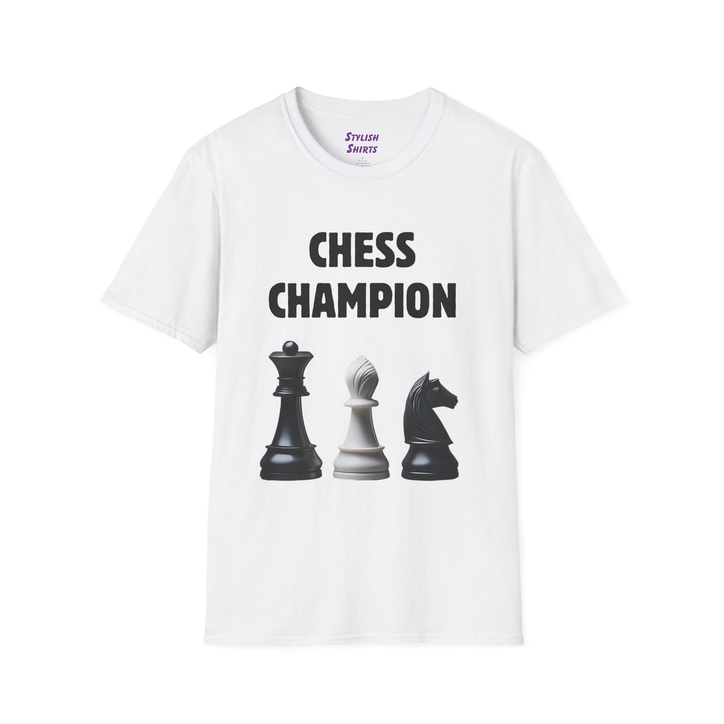 a white shirt that says chess champion with a graphic of a Queen piece next to a Bishop piece next to a Knight piece
