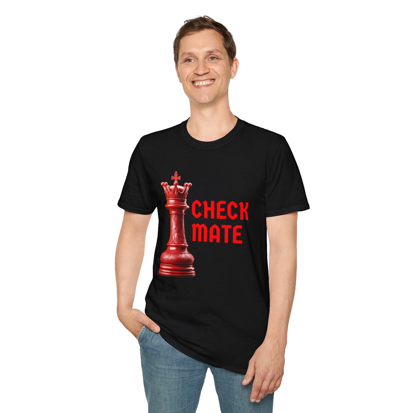 a man wearing a black shirt that says checkmate with a king chess piece
