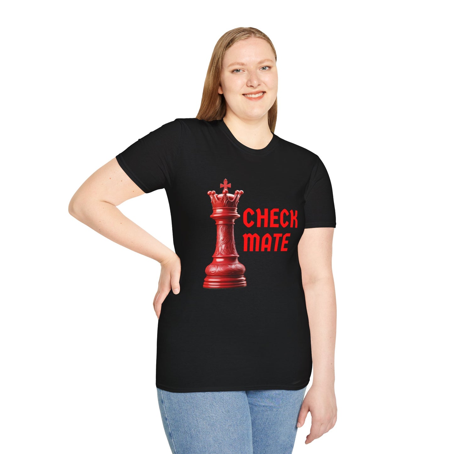a woman wearing a black shirt that says checkmate with a king chess piece