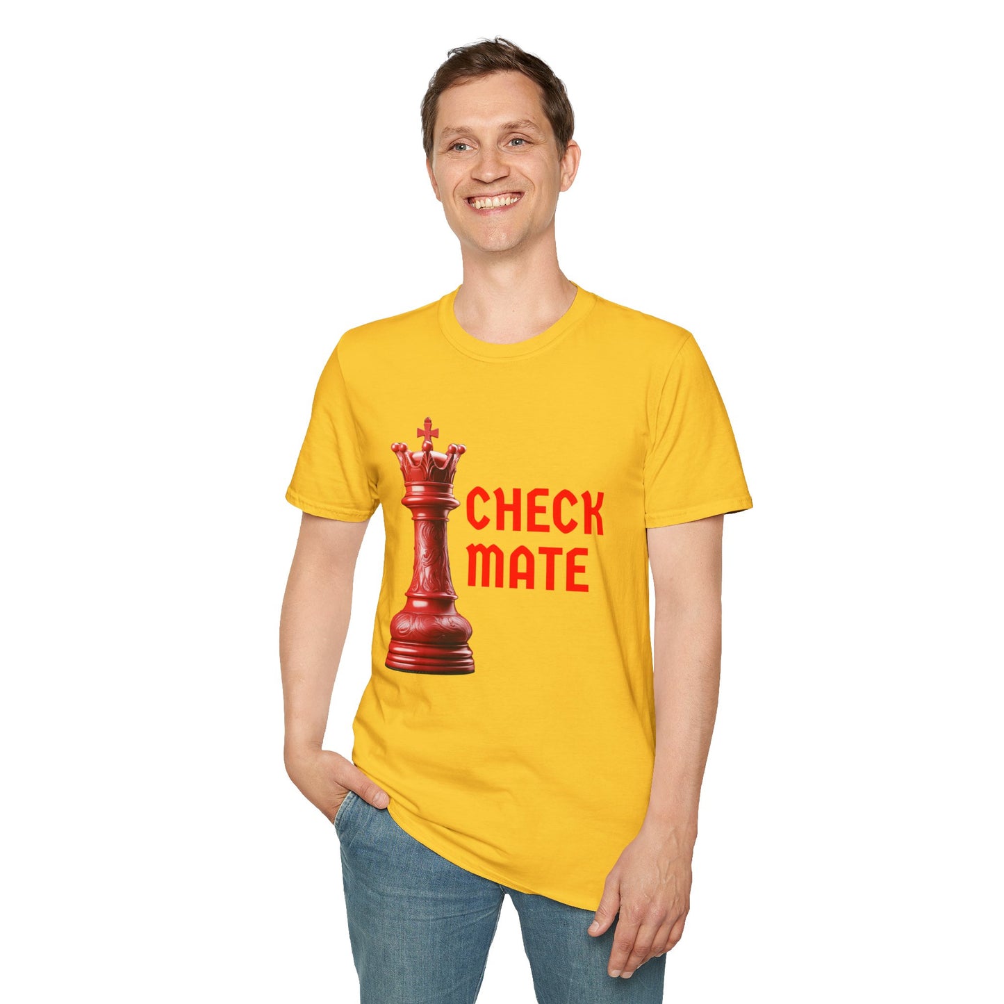 a man wearing a daisy yellow shirt that says checkmate with a king chess piece
