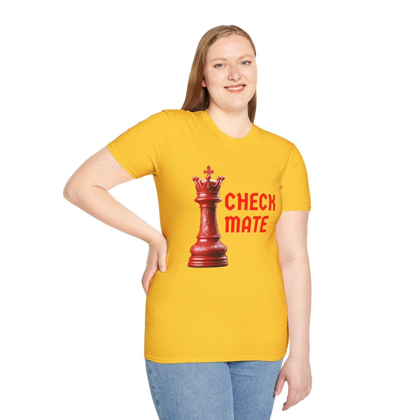 a woman wearing a daisy yellow shirt that says checkmate with a king chess piece