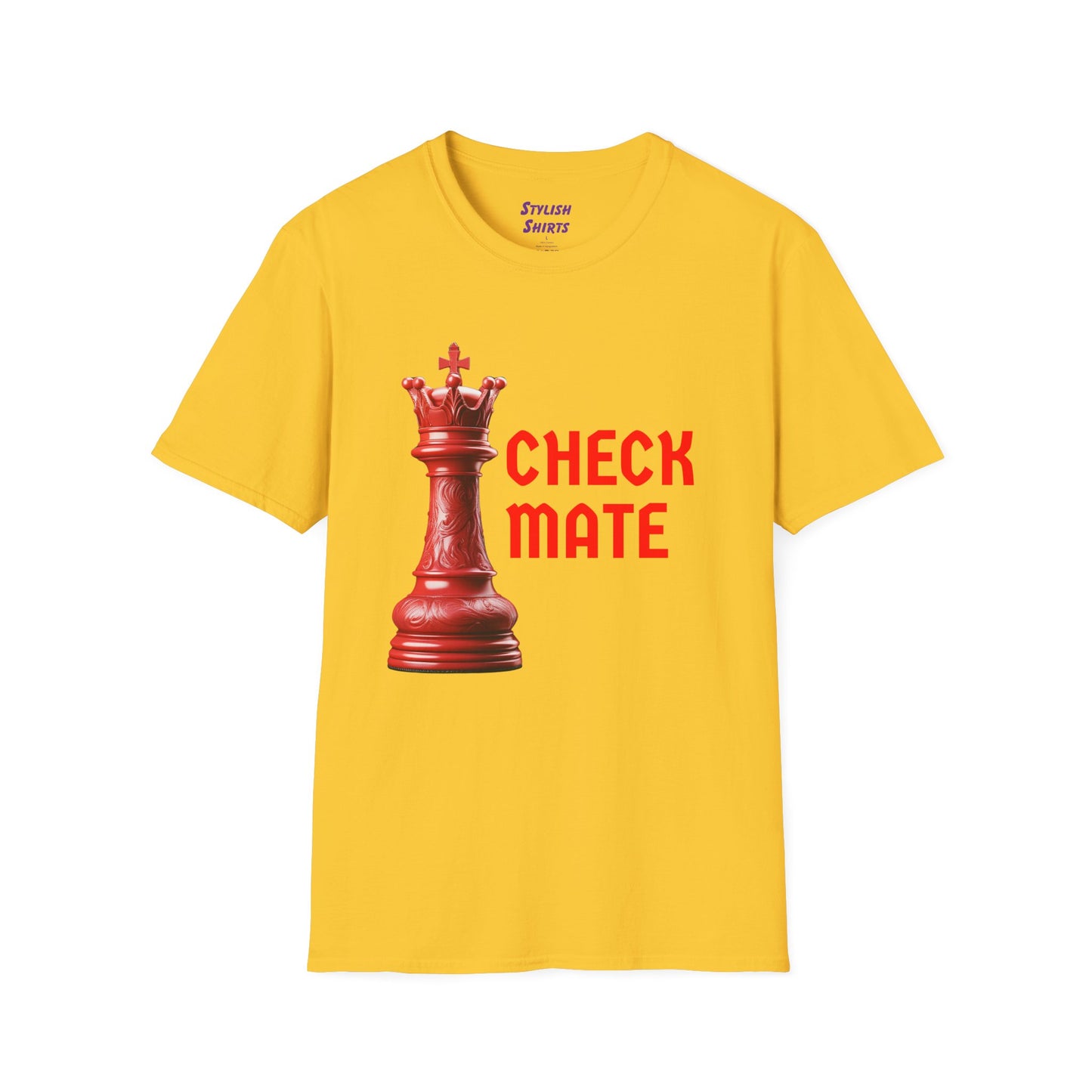 a daisy yellow shirt that says checkmate with a king chess piece