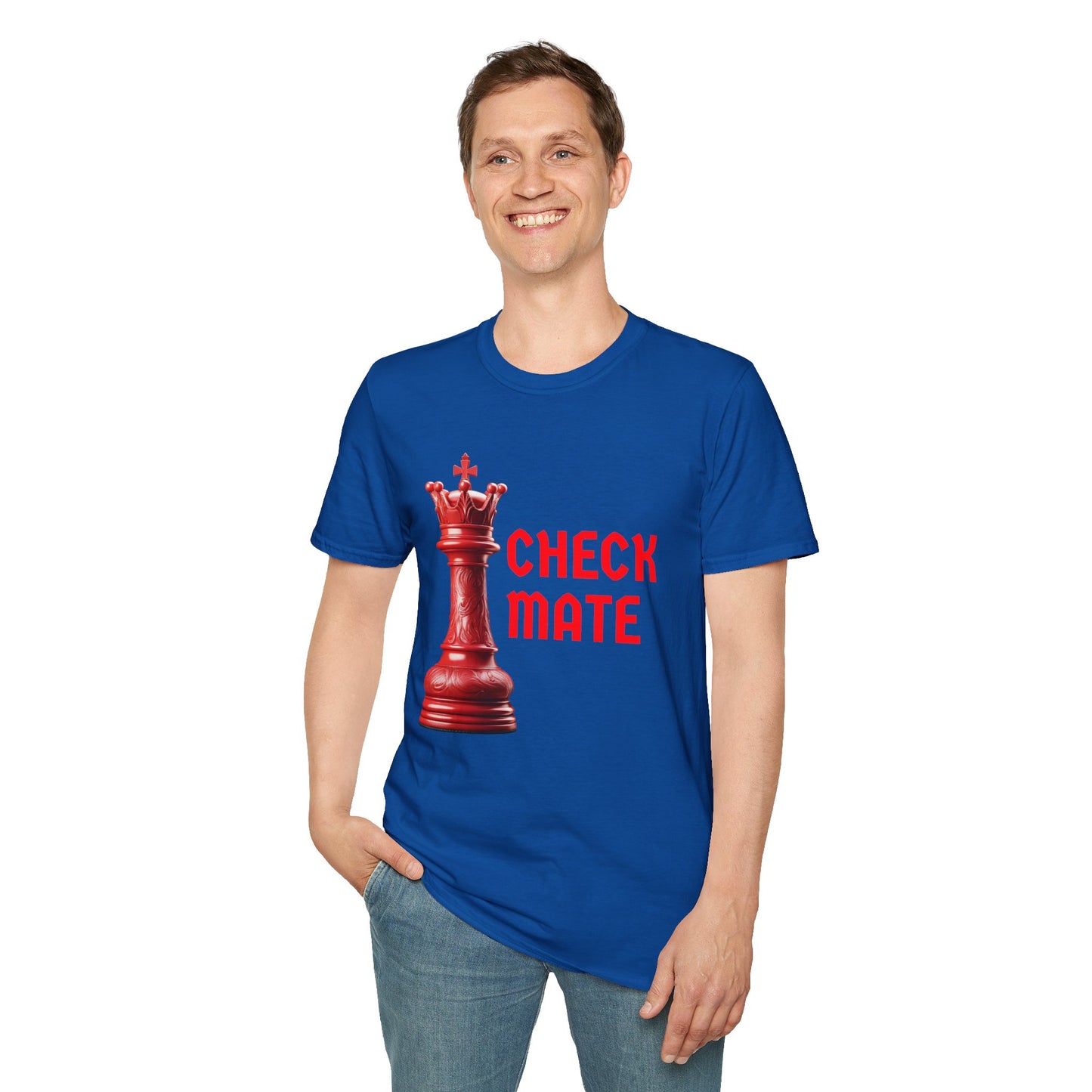 a man wearing a royal blue shirt that says checkmate with a king chess piece