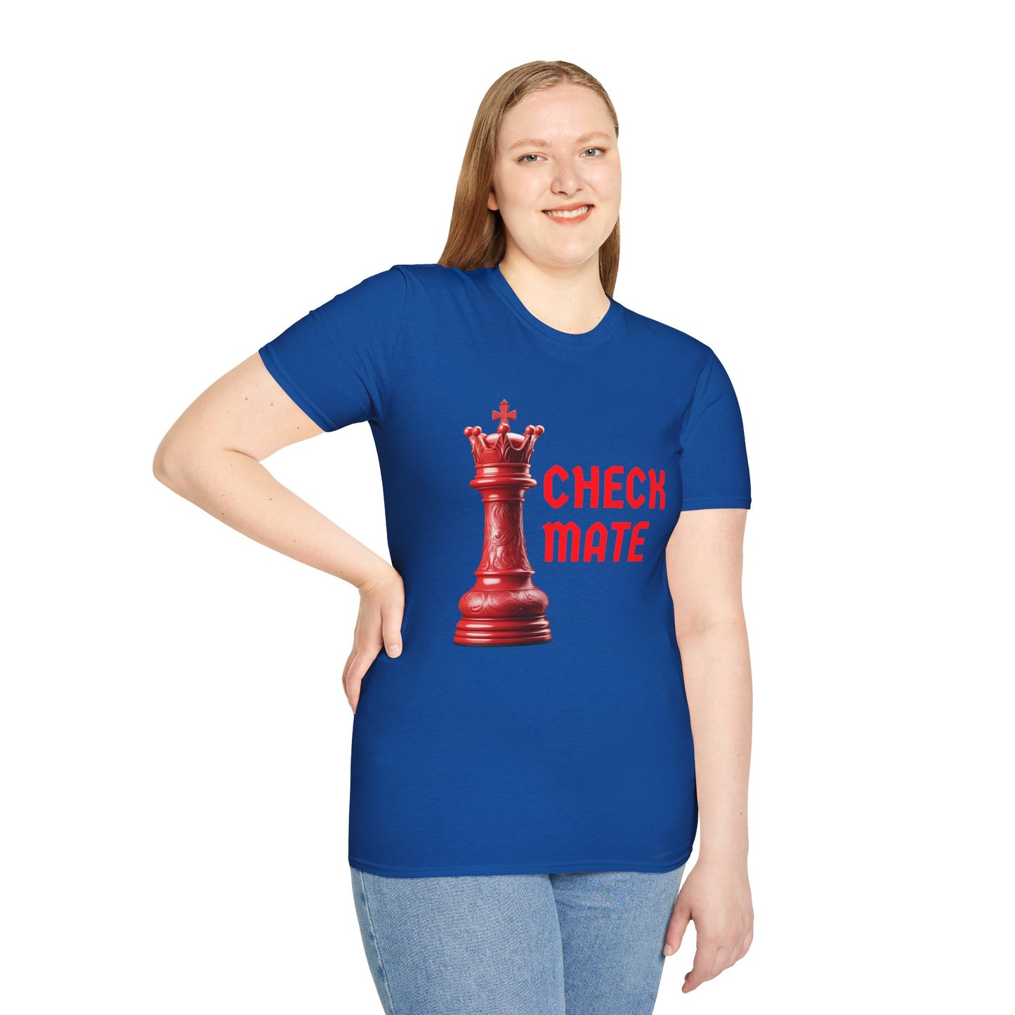a woman wearing a royal blue shirt that says checkmate with a king chess piece