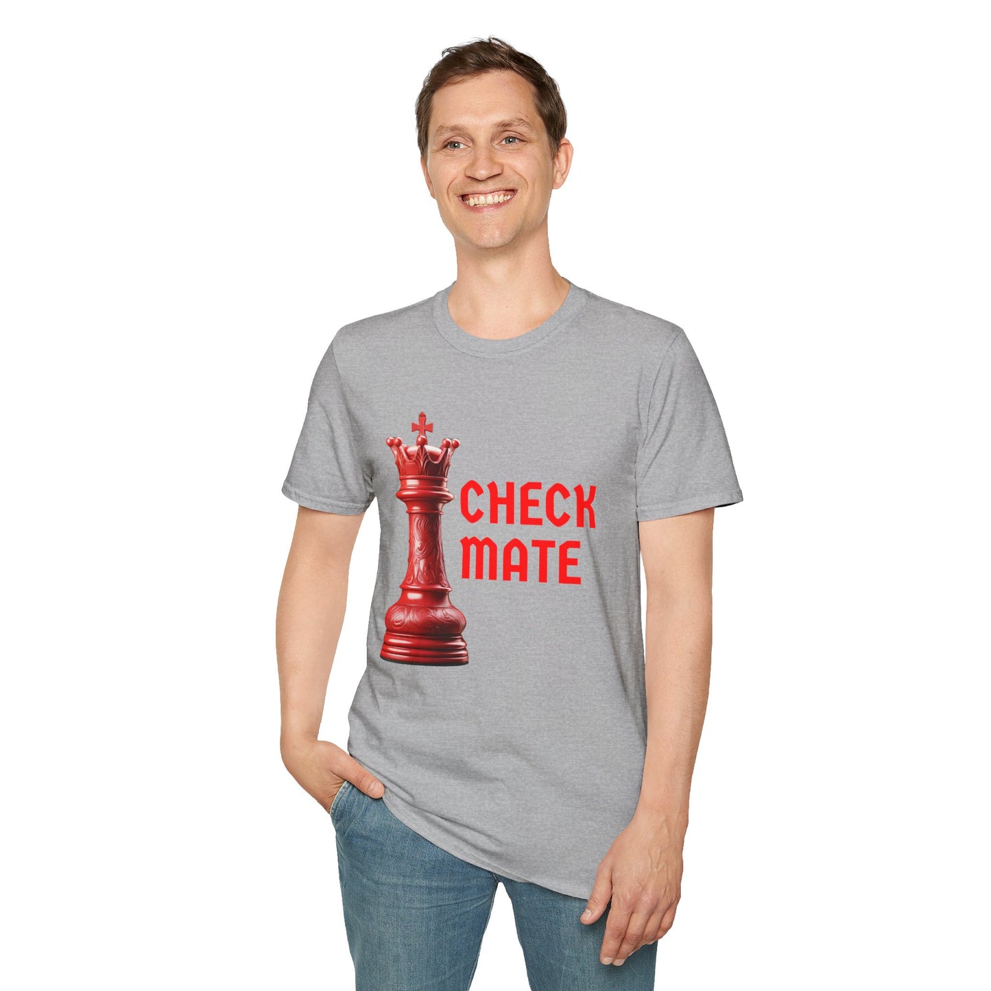 a man wearing a sport grey shirt that says checkmate with a king chess piece