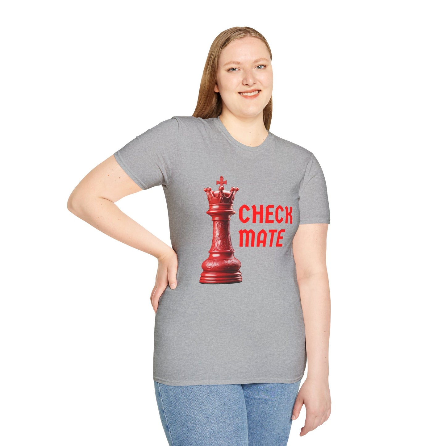 a woman wearing a sport grey shirt that says checkmate with a king chess piece