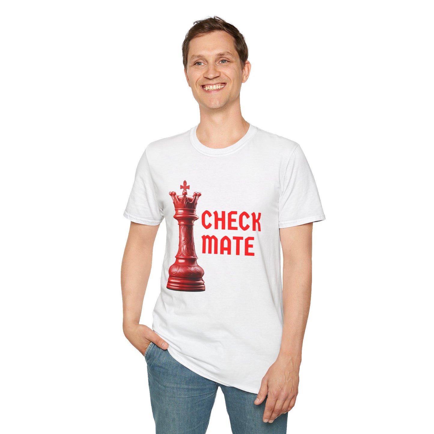 a man wearing a white shirt that says checkmate with a king chess piece