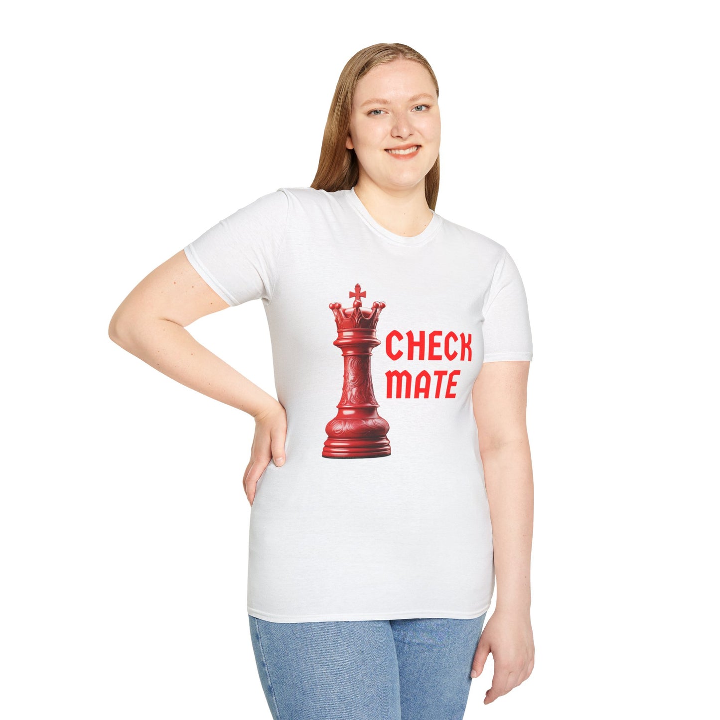 a woman wearing a white shirt that says checkmate with a king chess piece