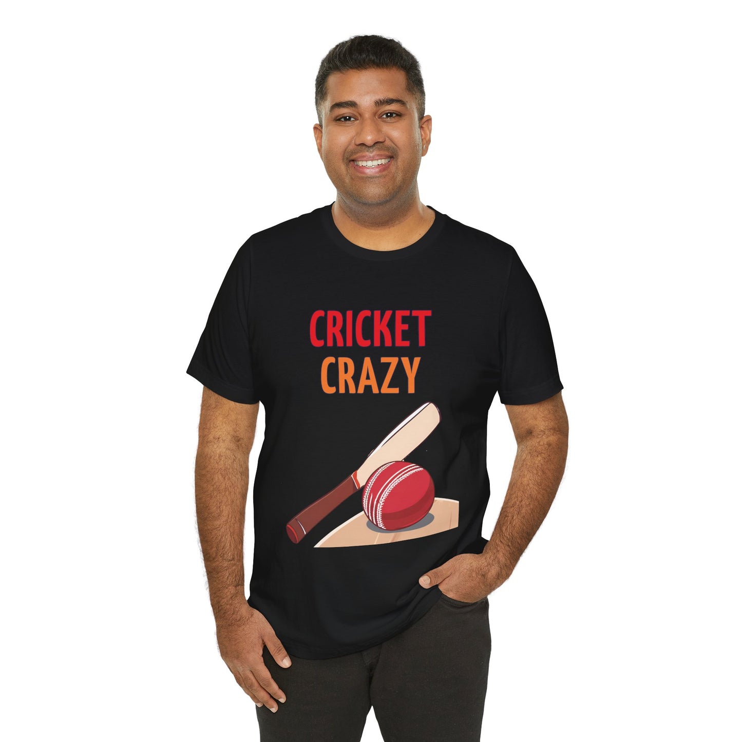a man wearing a black shirt that says cricket crazy with a graphic of a cricket bat and ball