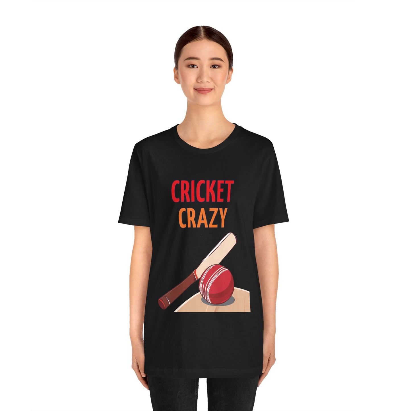 a woman wearing a black shirt that says cricket crazy with a graphic of a cricket bat and ball