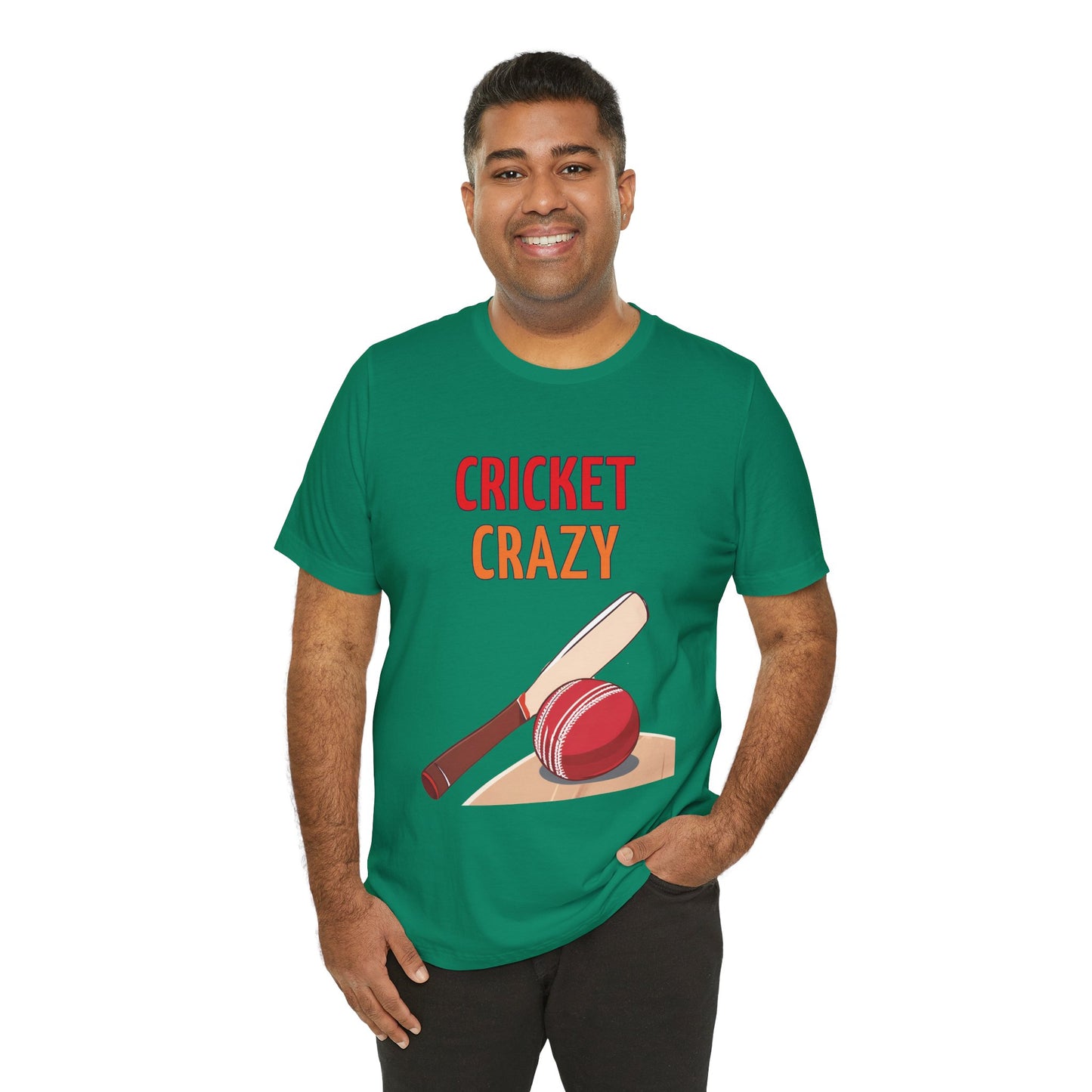 a man wearing a kelly green shirt that says cricket crazy with a graphic of a cricket bat and ball