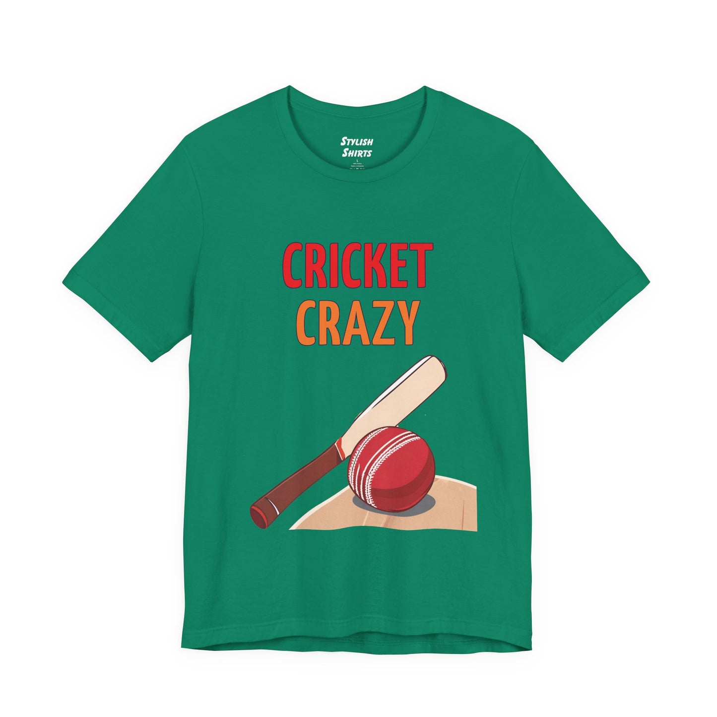 a kelly green shirt that says cricket crazy with a graphic of a cricket bat and ball