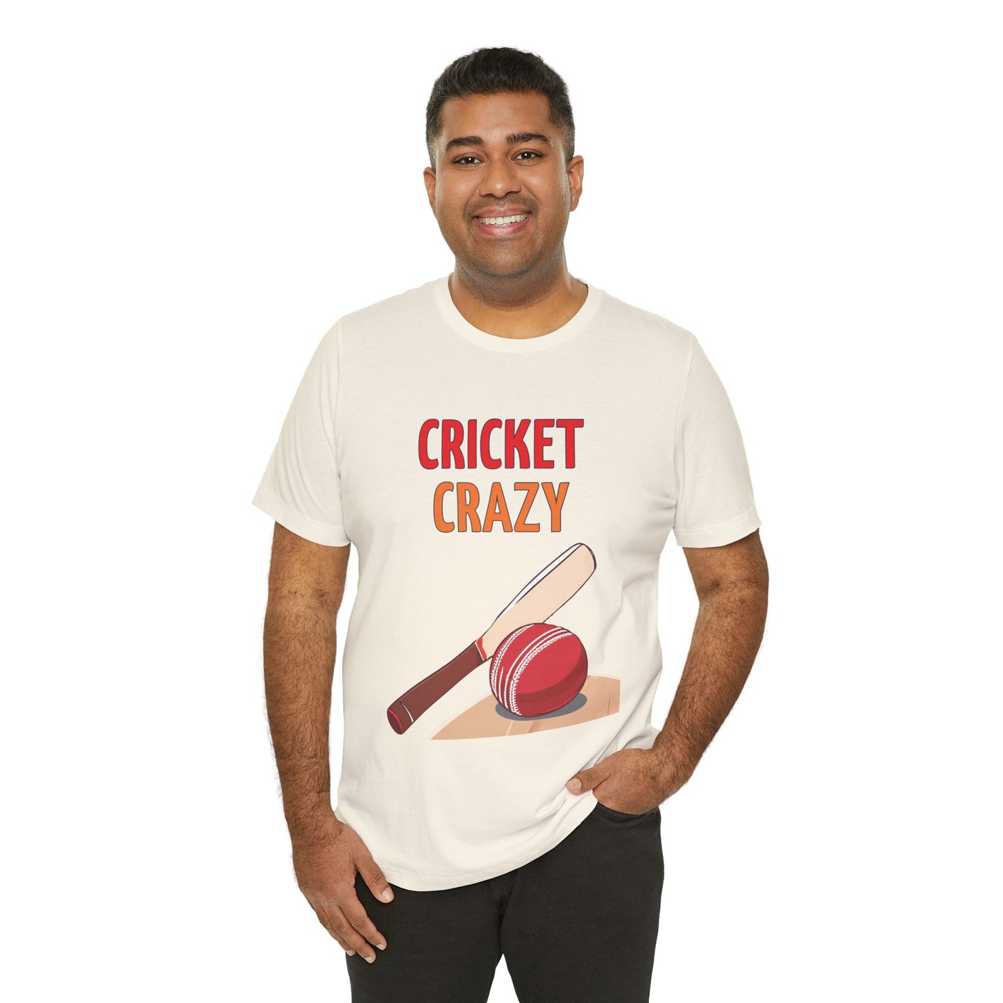 a man wearing a natural shirt that says cricket crazy with a graphic of a cricket bat and ball