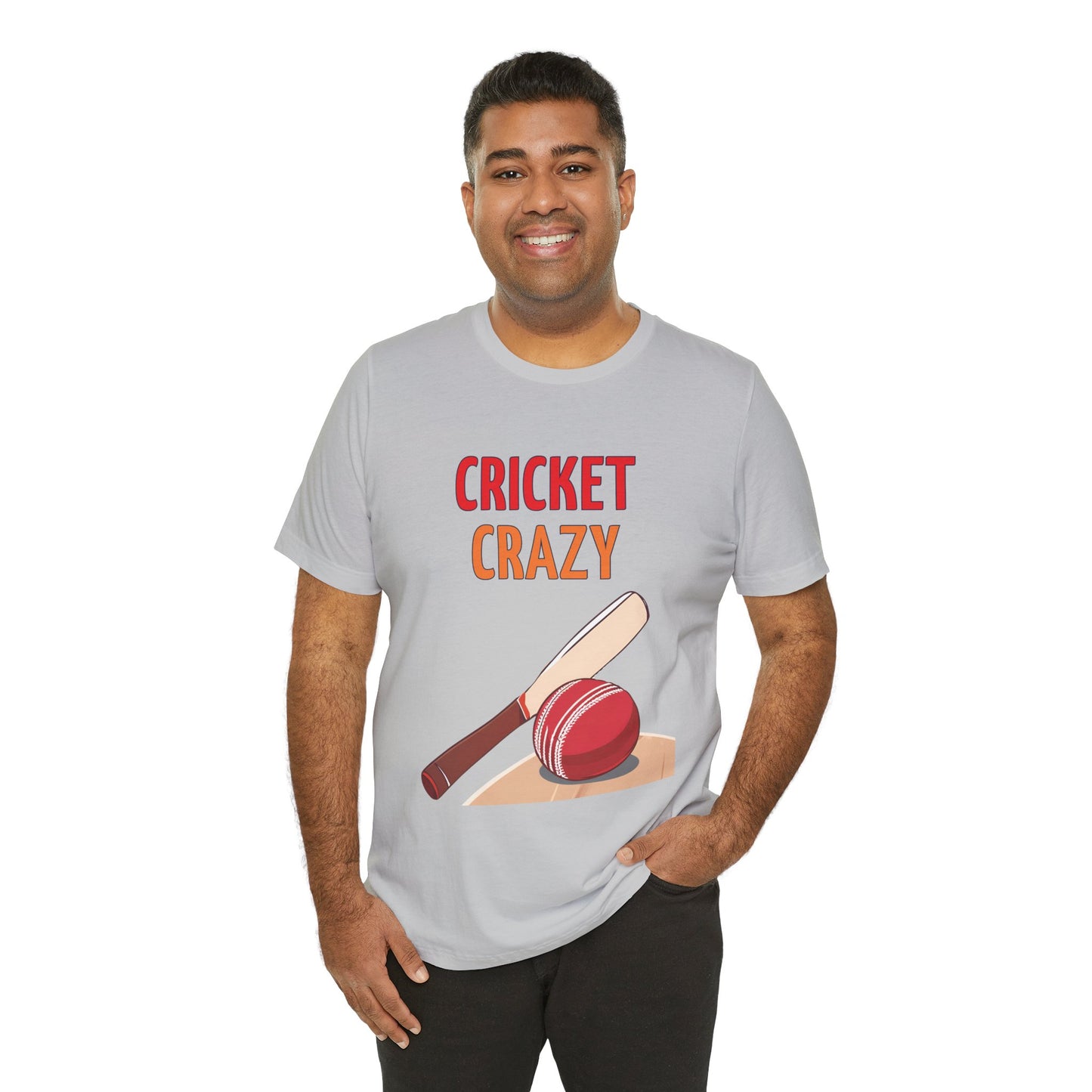 a man wearing a solid athletic grey shirt that says cricket crazy with a graphic of a cricket bat and ball