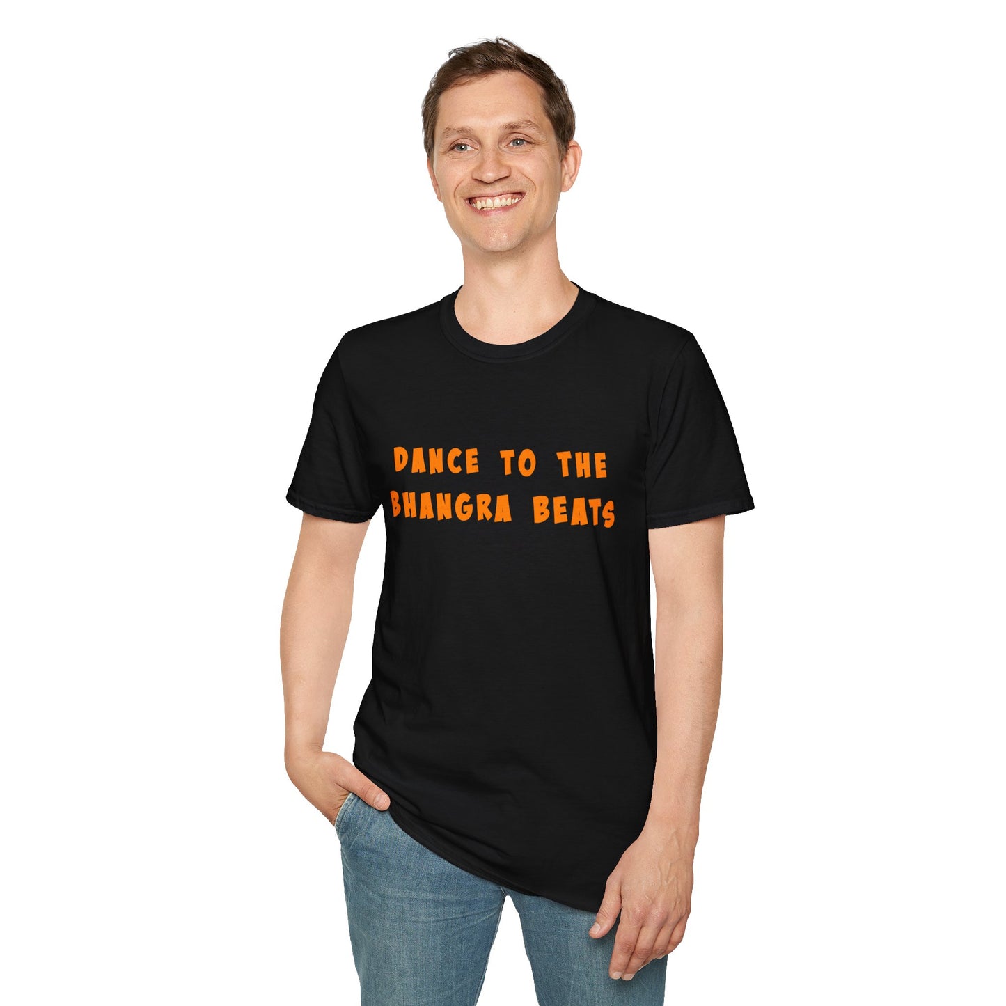 a man wearing a black shirt that says Dance to the Bhangra Beats