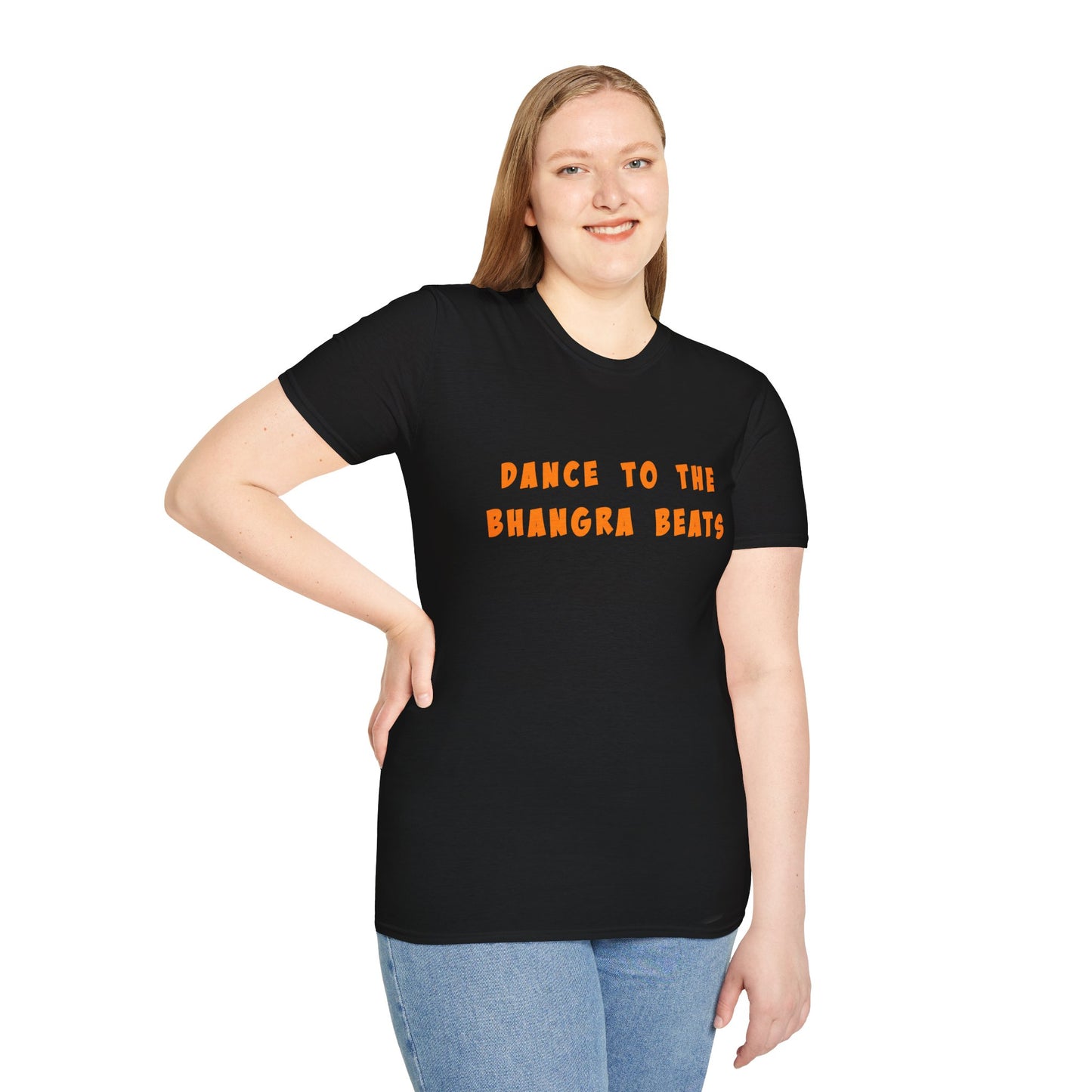 a woman wearing a black shirt that says Dance to the Bhangra Beats
