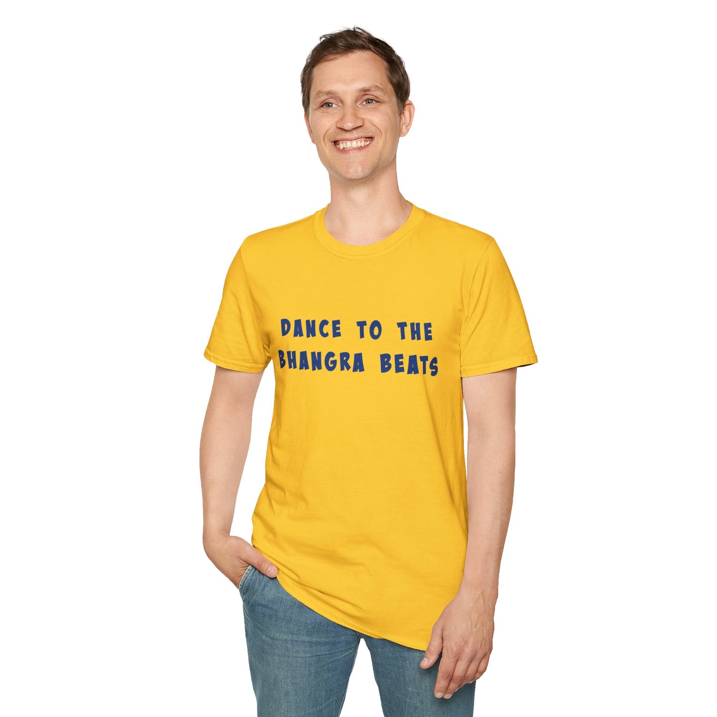 a man wearing a daisy shirt that says Dance to the Bhangra Beats
