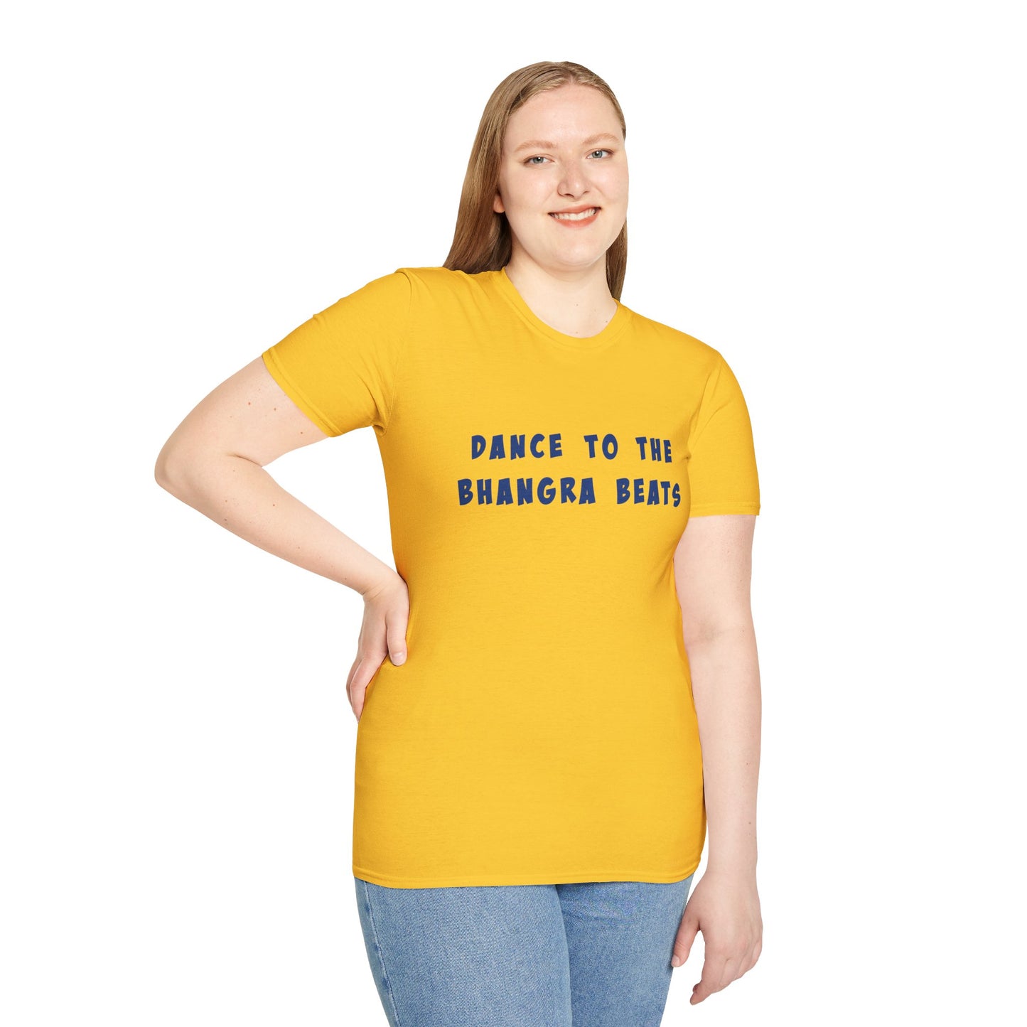 a woman wearing a daisy shirt that says Dance to the Bhangra Beats