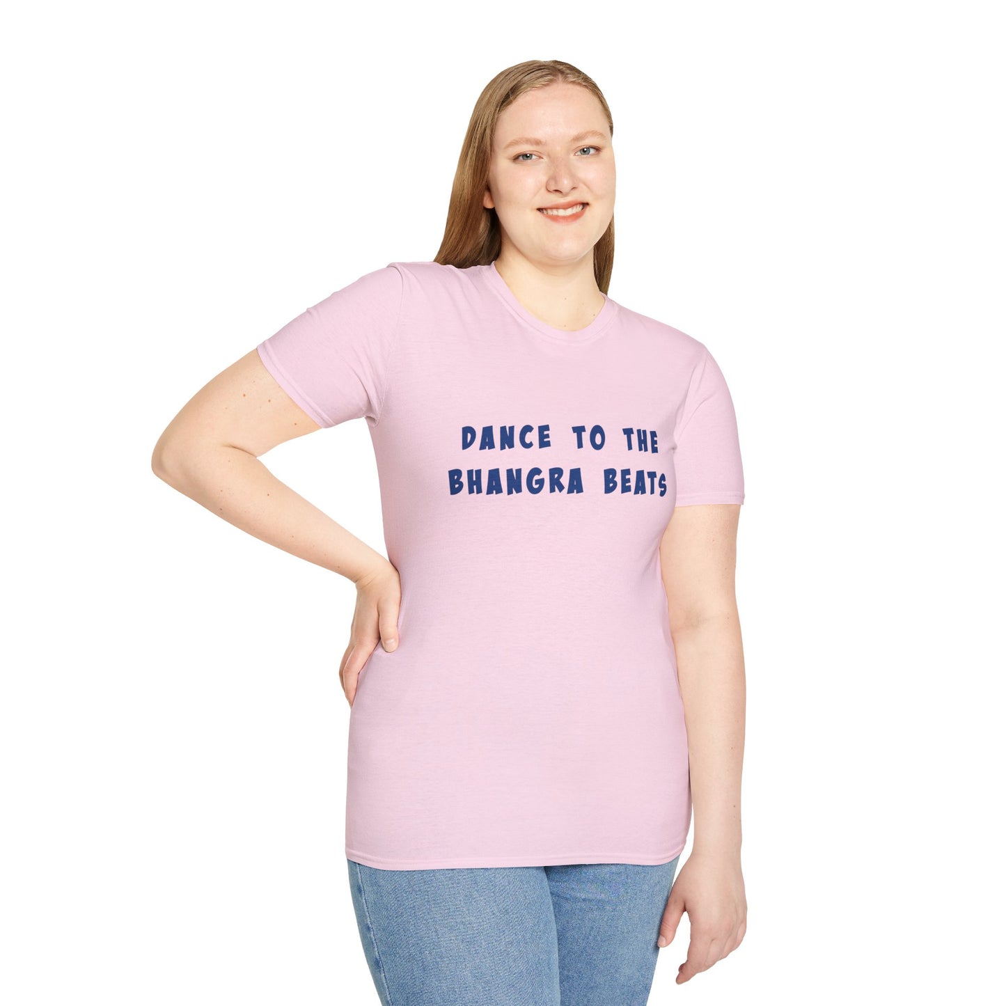 a woman wearing a light pink shirt that says Dance to the Bhangra Beats
