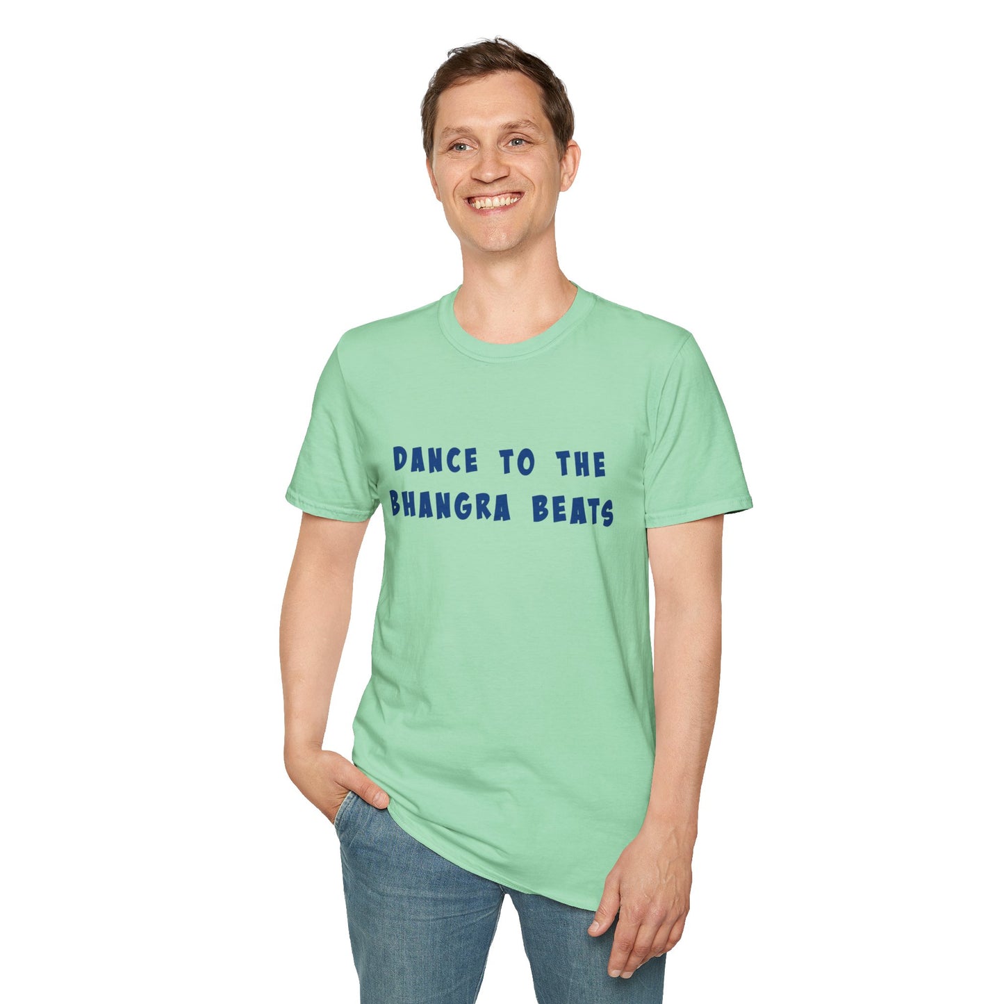 a man wearing a mint green shirt that says Dance to the Bhangra Beats