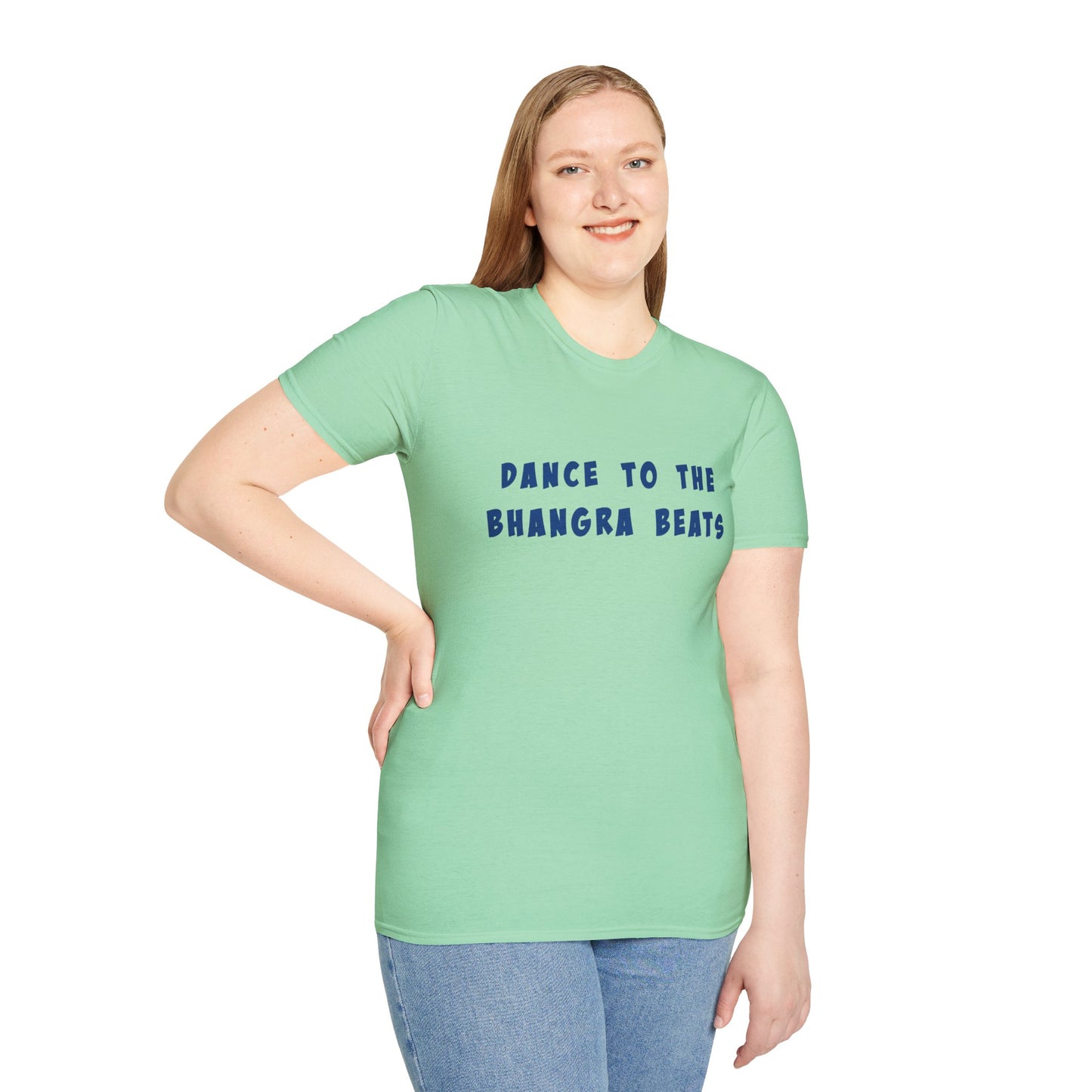 a woman wearing a mint green shirt that says Dance to the Bhangra Beats