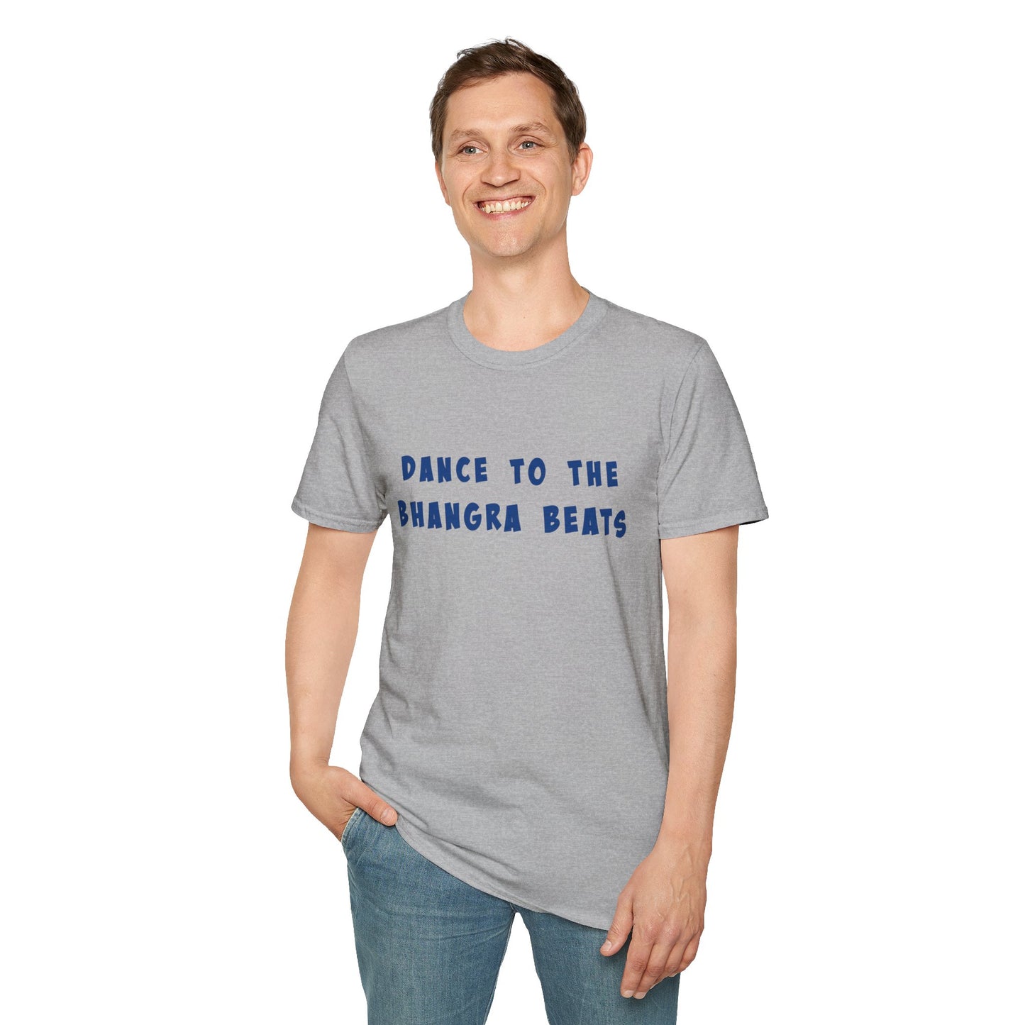 a man wearing a sport grey shirt that says Dance to the Bhangra Beats