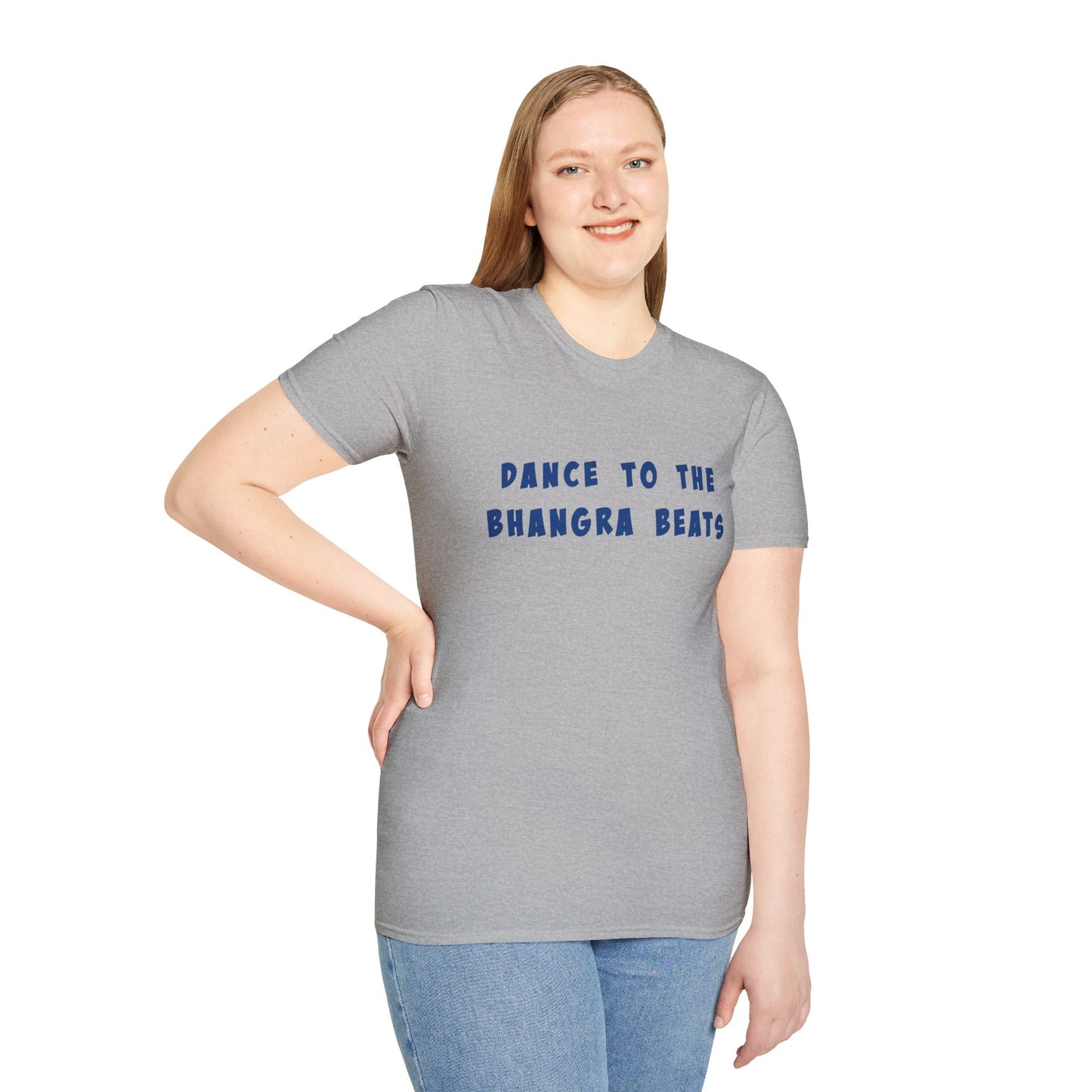 a woman wearing a sport grey shirt that says Dance to the Bhangra Beats