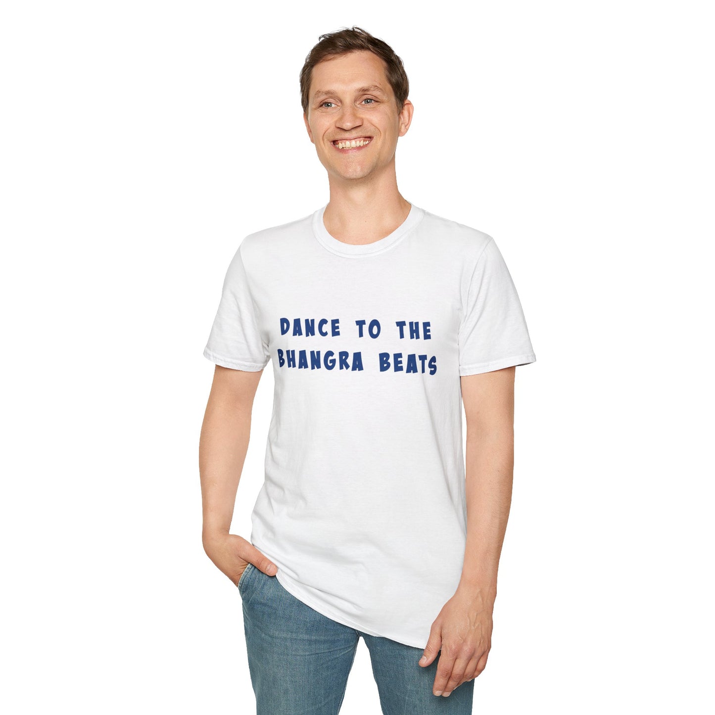 a man wearing a white shirt that says Dance to the Bhangra Beats