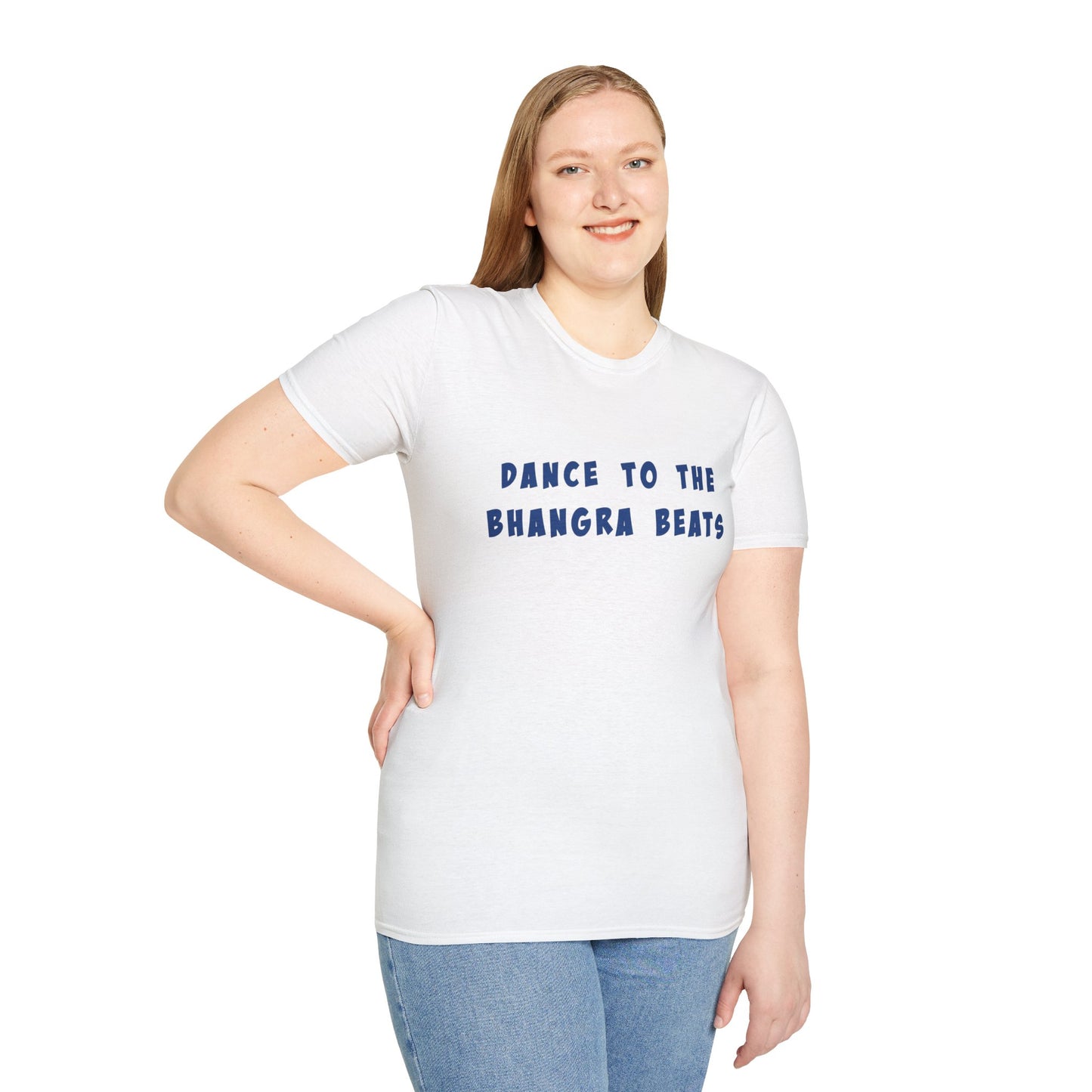 a woman wearing a white shirt that says Dance to the Bhangra Beats
